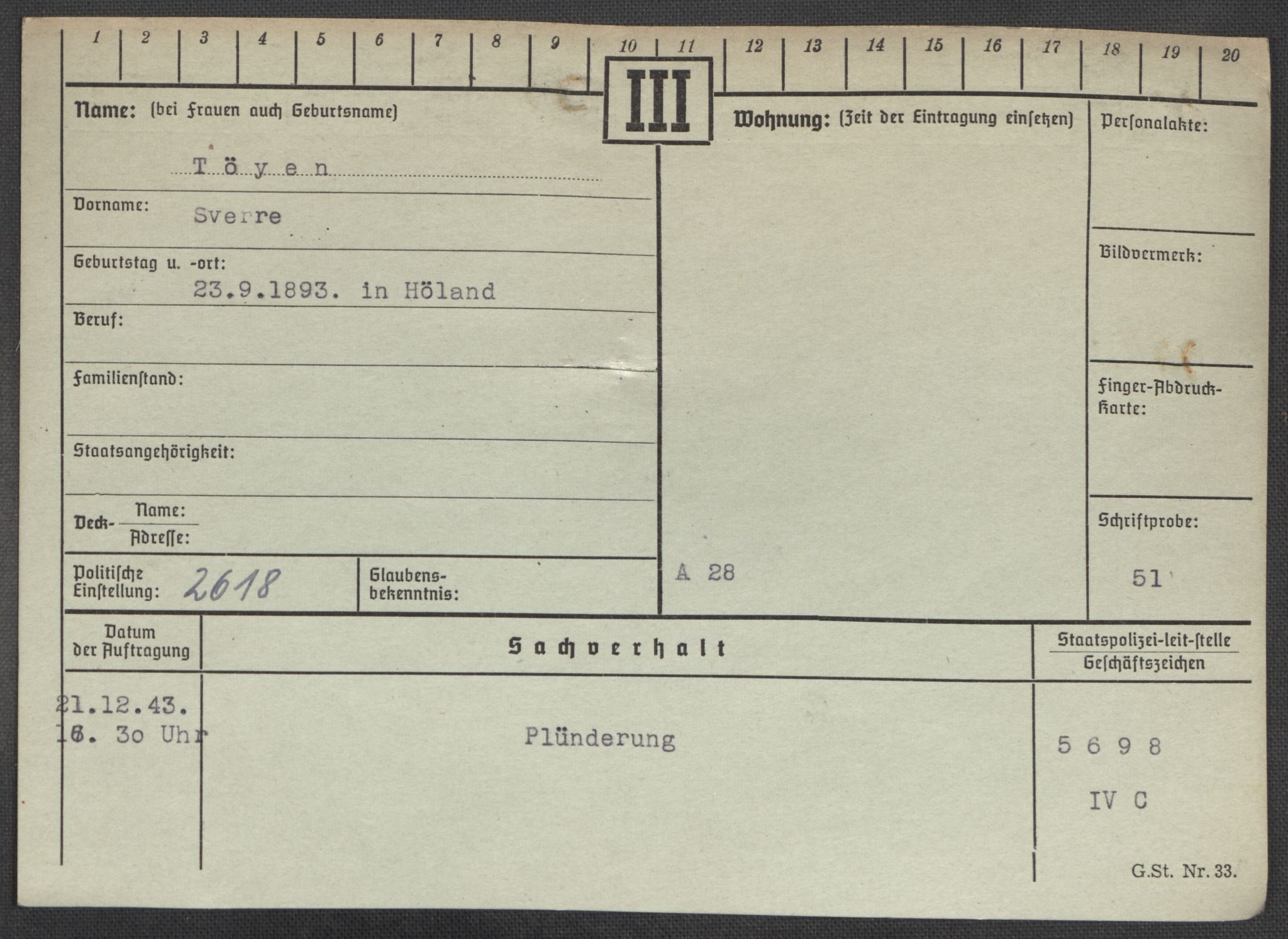 Befehlshaber der Sicherheitspolizei und des SD, AV/RA-RAFA-5969/E/Ea/Eaa/L0010: Register over norske fanger i Møllergata 19: Sø-Å, 1940-1945, s. 598