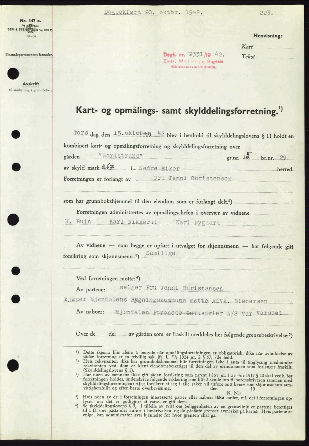 Eiker, Modum og Sigdal sorenskriveri, SAKO/A-123/G/Ga/Gab/L0047: Pantebok nr. A17, 1942-1943, Dagboknr: 2331/1942