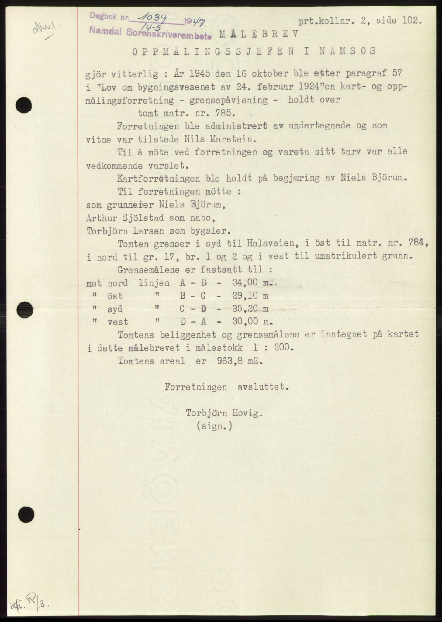 Namdal sorenskriveri, SAT/A-4133/1/2/2C: Pantebok nr. -, 1947-1947, Dagboknr: 1039/1947