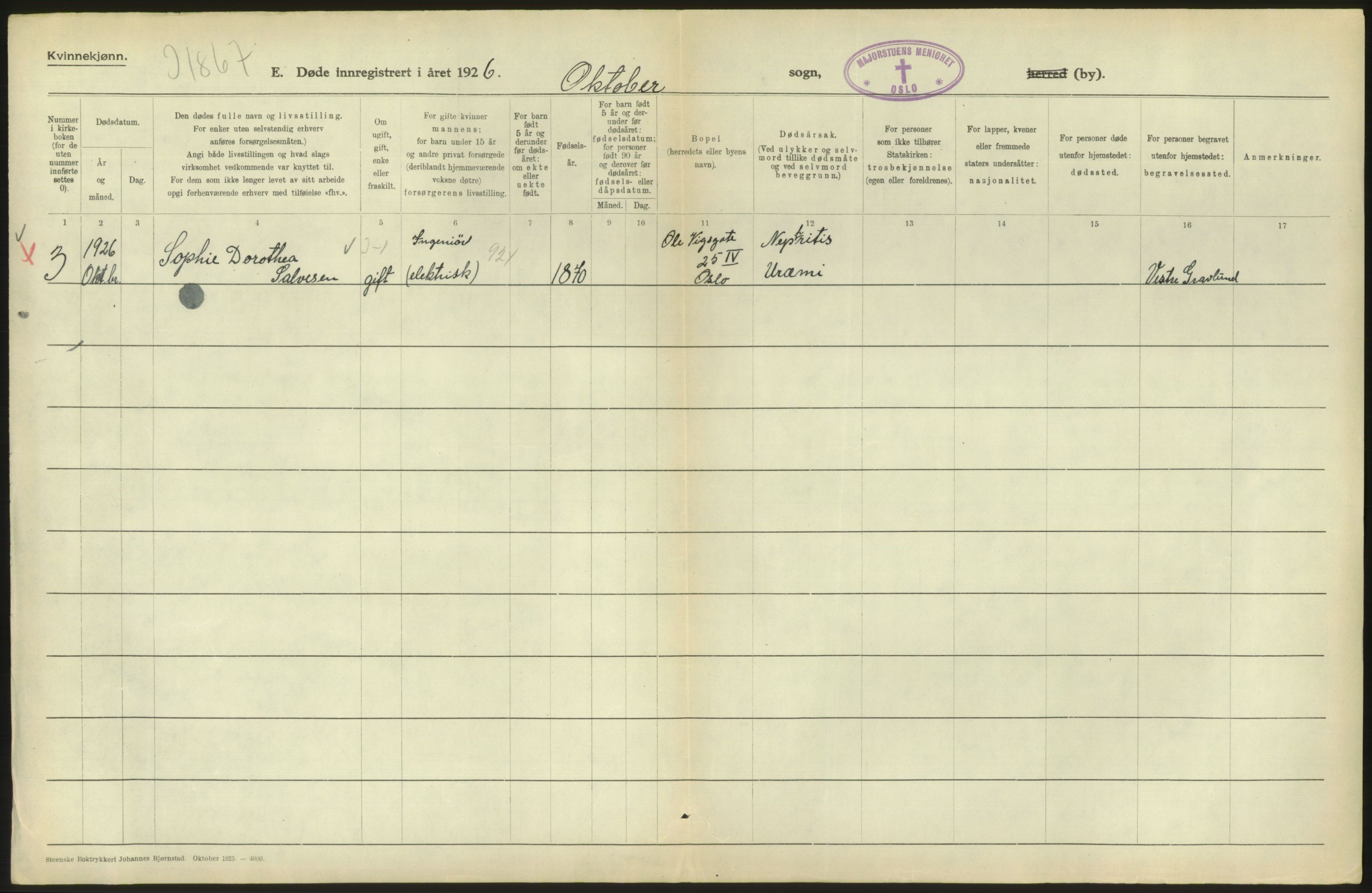 Statistisk sentralbyrå, Sosiodemografiske emner, Befolkning, AV/RA-S-2228/D/Df/Dfc/Dfcf/L0010: Oslo: Døde kvinner, dødfødte, 1926, s. 604