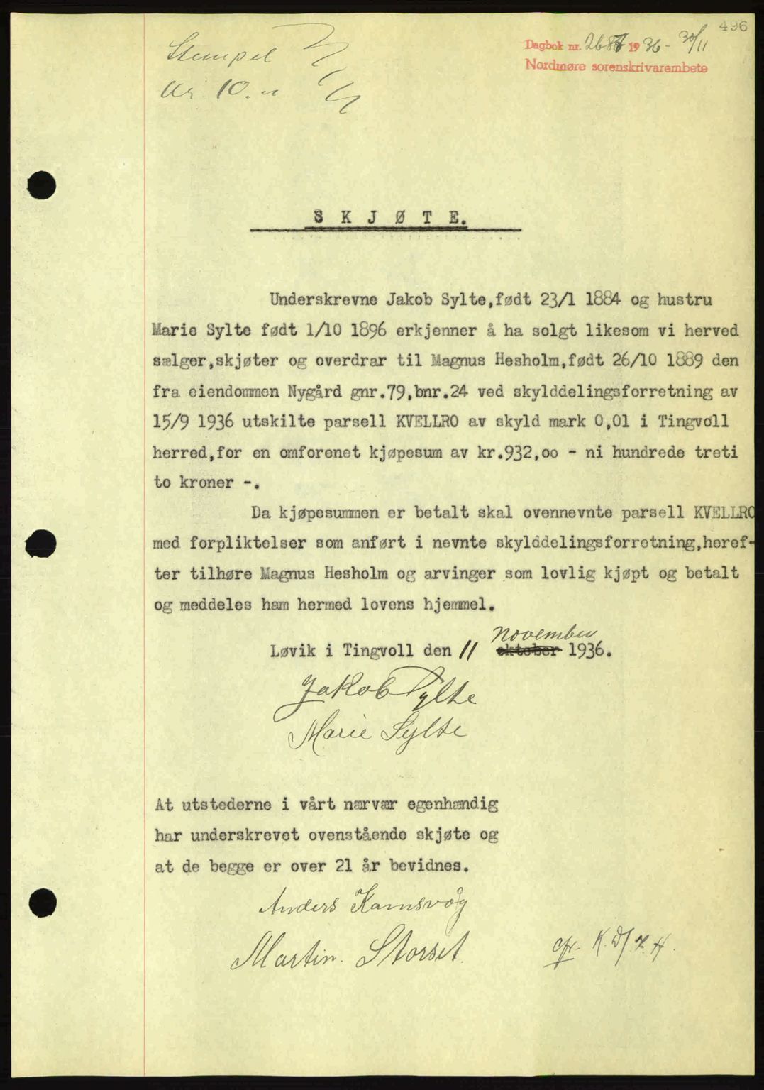 Nordmøre sorenskriveri, SAT/A-4132/1/2/2Ca: Pantebok nr. A80, 1936-1937, Dagboknr: 2687/1936