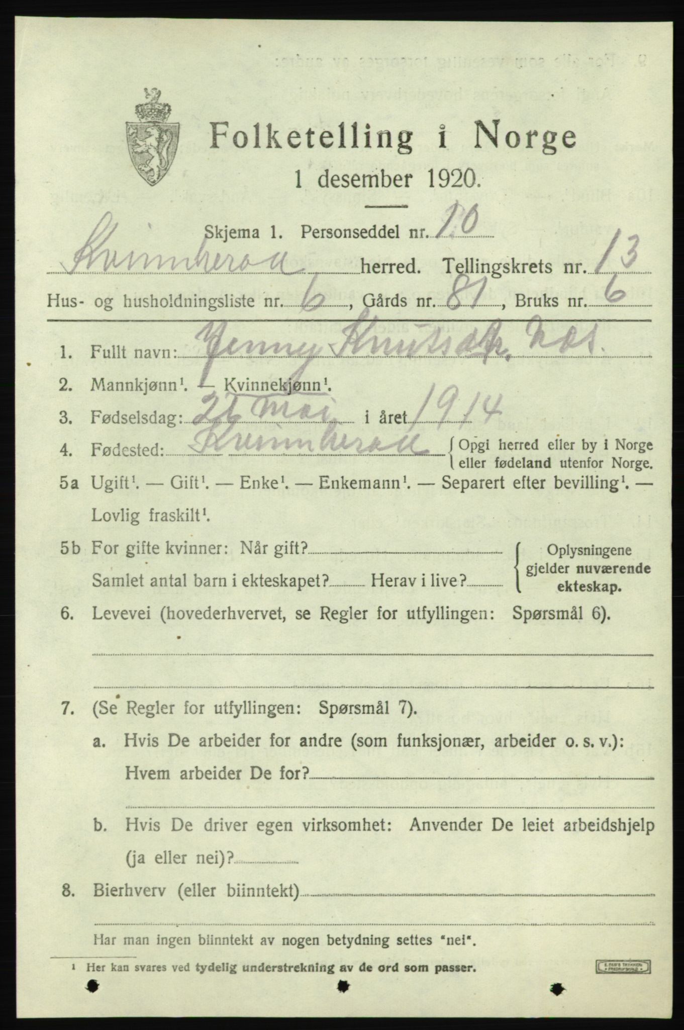 SAB, Folketelling 1920 for 1224 Kvinnherad herred, 1920, s. 7696