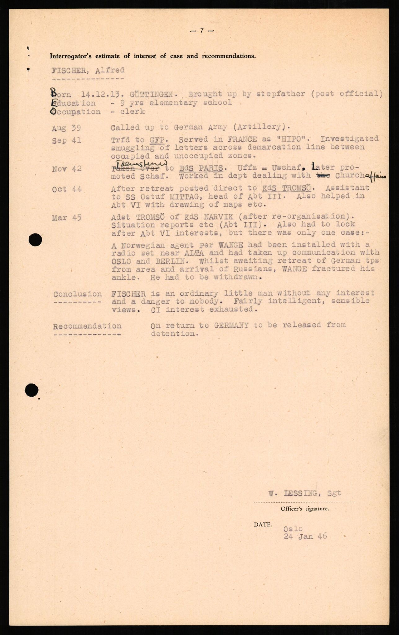 Forsvaret, Forsvarets overkommando II, AV/RA-RAFA-3915/D/Db/L0008: CI Questionaires. Tyske okkupasjonsstyrker i Norge. Tyskere., 1945-1946, s. 111