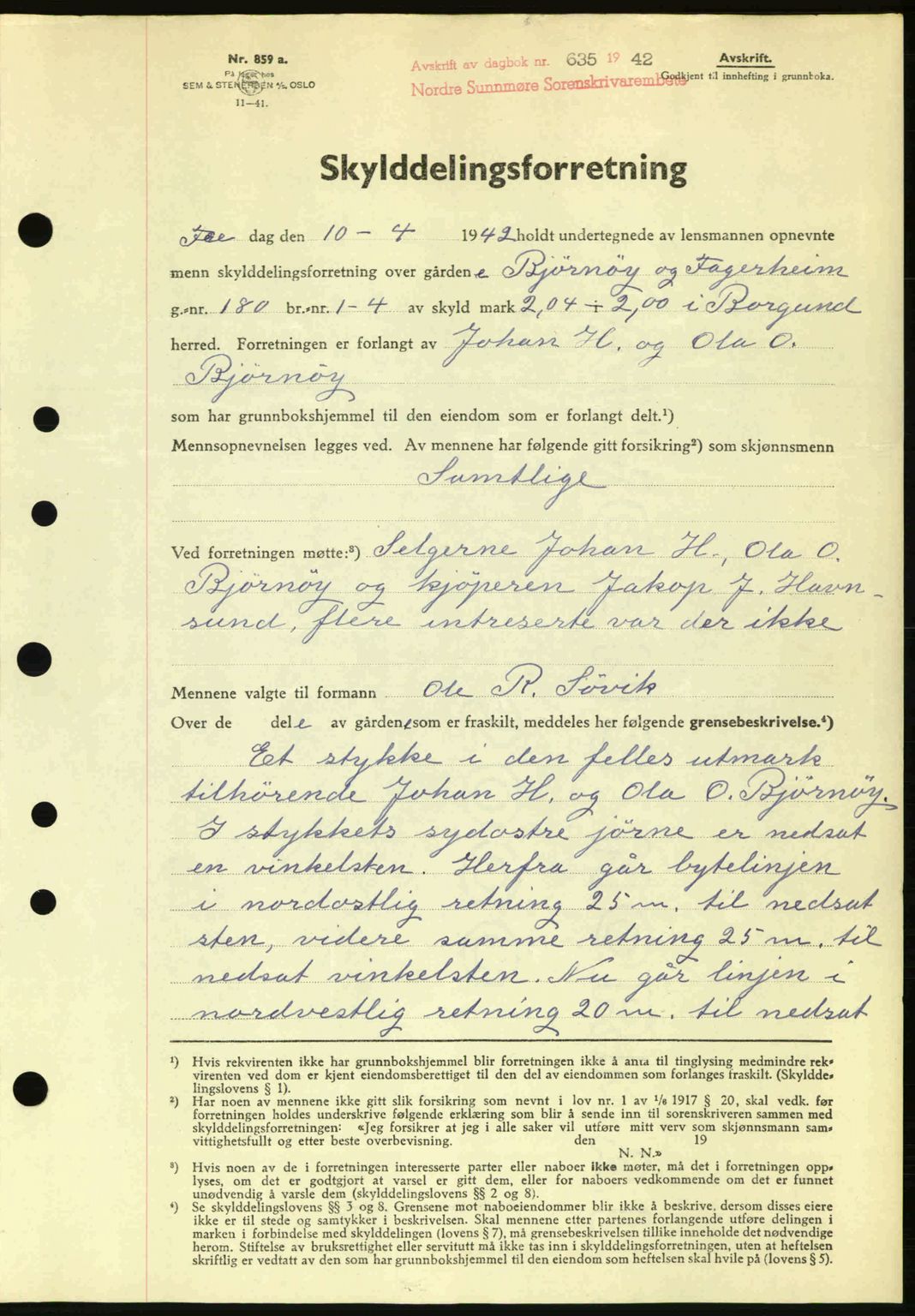 Nordre Sunnmøre sorenskriveri, AV/SAT-A-0006/1/2/2C/2Ca: Pantebok nr. A13, 1942-1942, Dagboknr: 635/1942