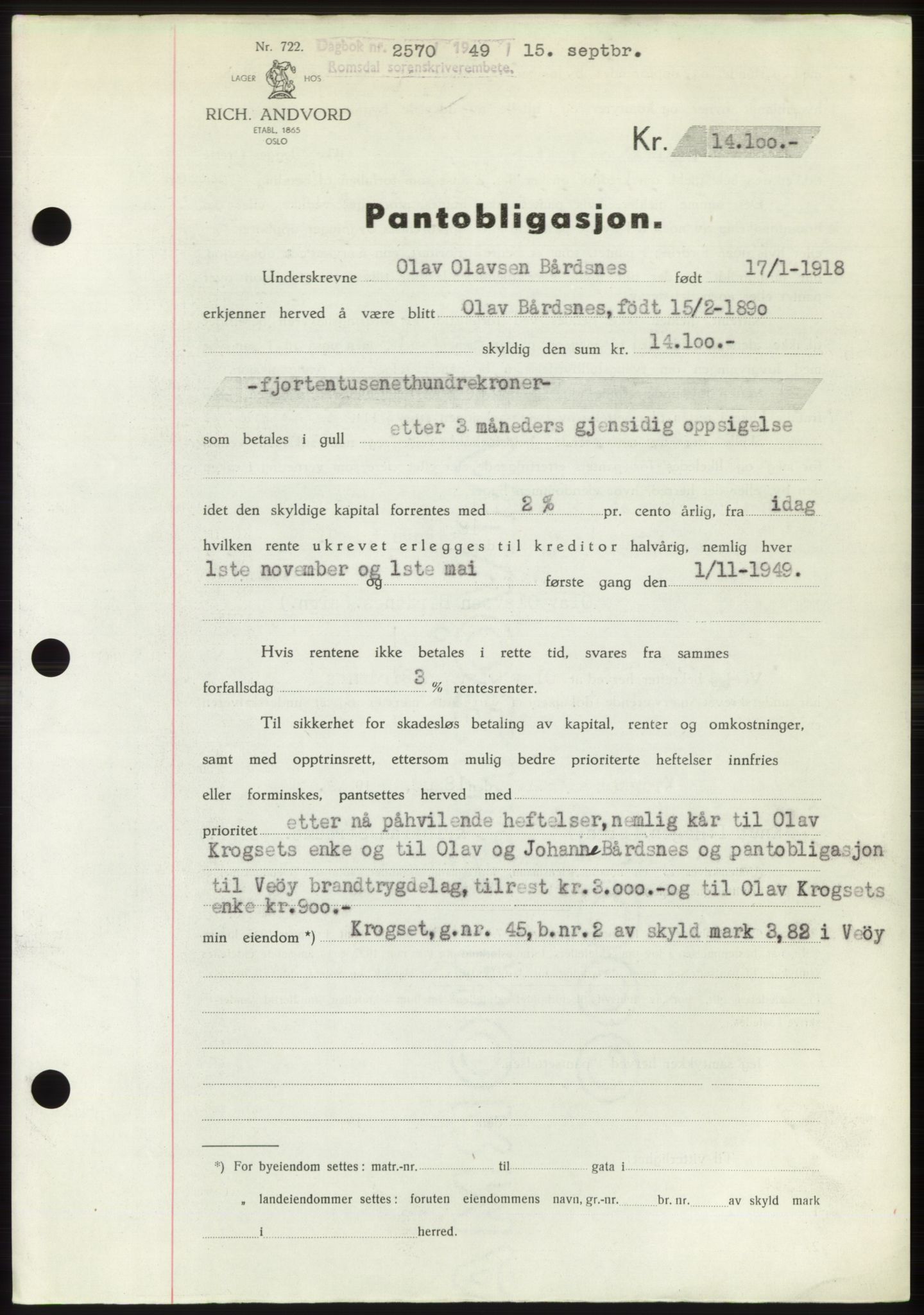 Romsdal sorenskriveri, SAT/A-4149/1/2/2C: Pantebok nr. B4, 1948-1949, Dagboknr: 2570/1949