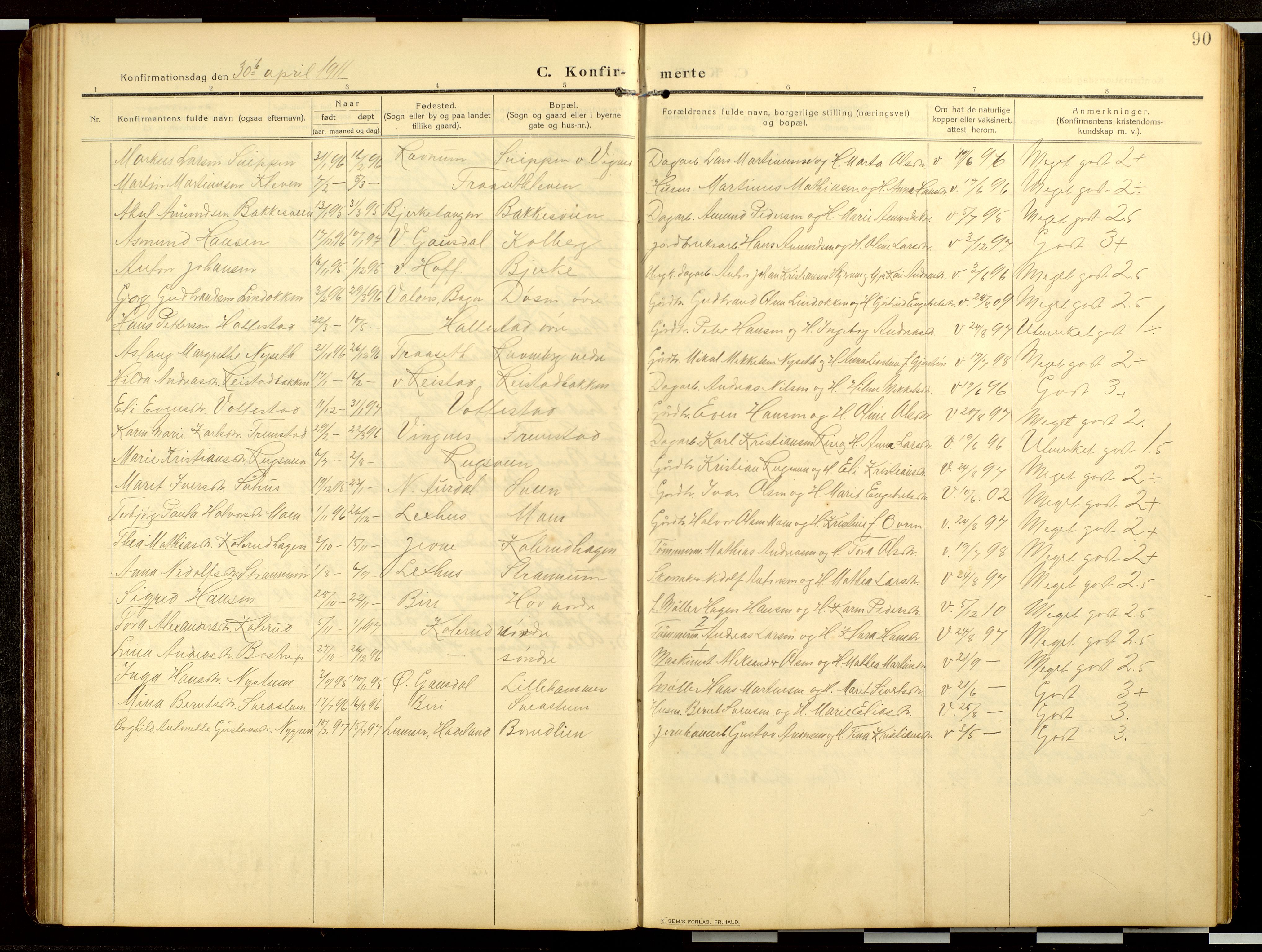 Fåberg prestekontor, AV/SAH-PREST-086/H/Ha/Hab/L0022: Klokkerbok nr. 22, 1908-1934, s. 90