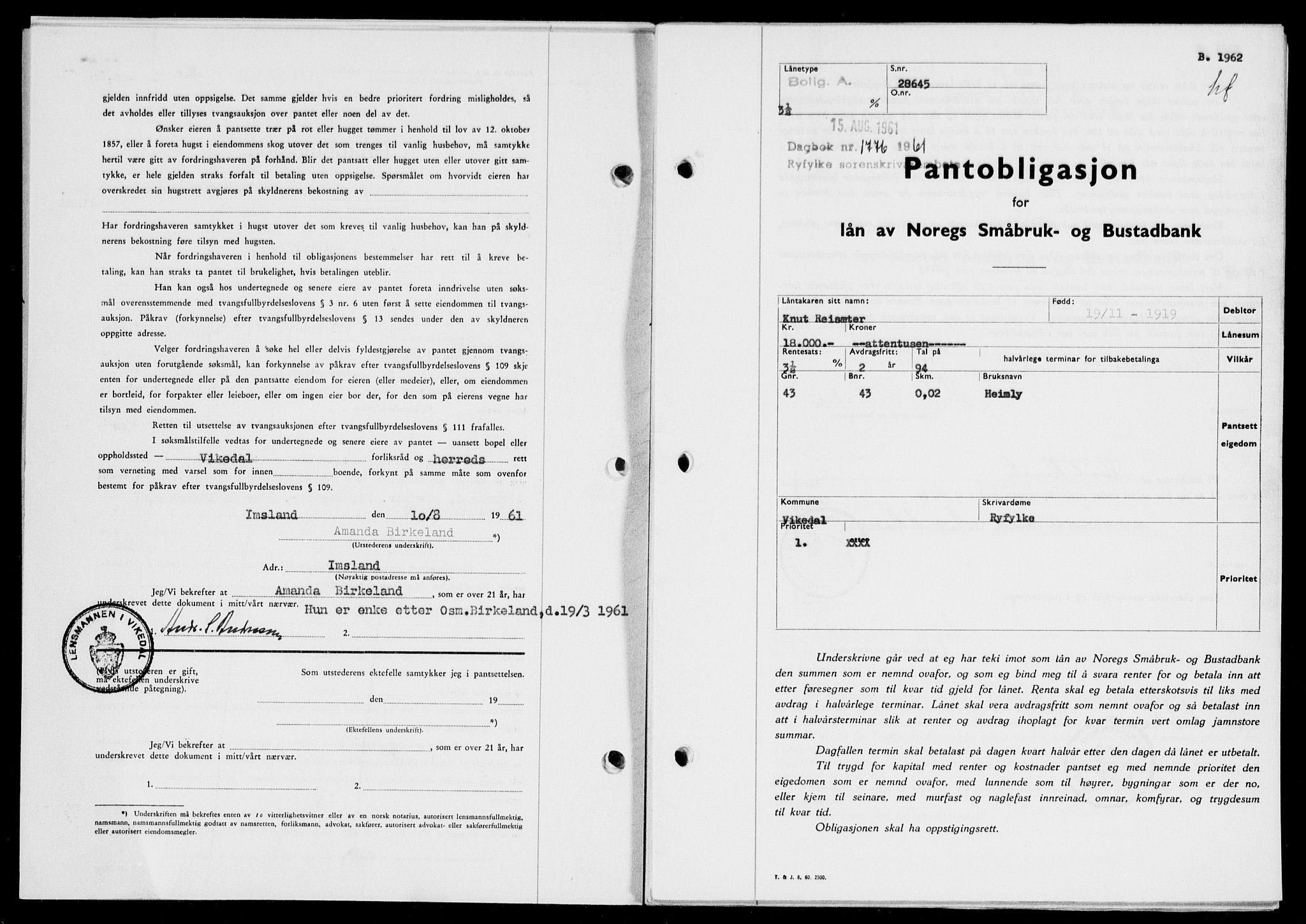Ryfylke tingrett, SAST/A-100055/001/II/IIB: Pantebok nr. 135-142, 1961-1962, Dagboknr: 1776/1961