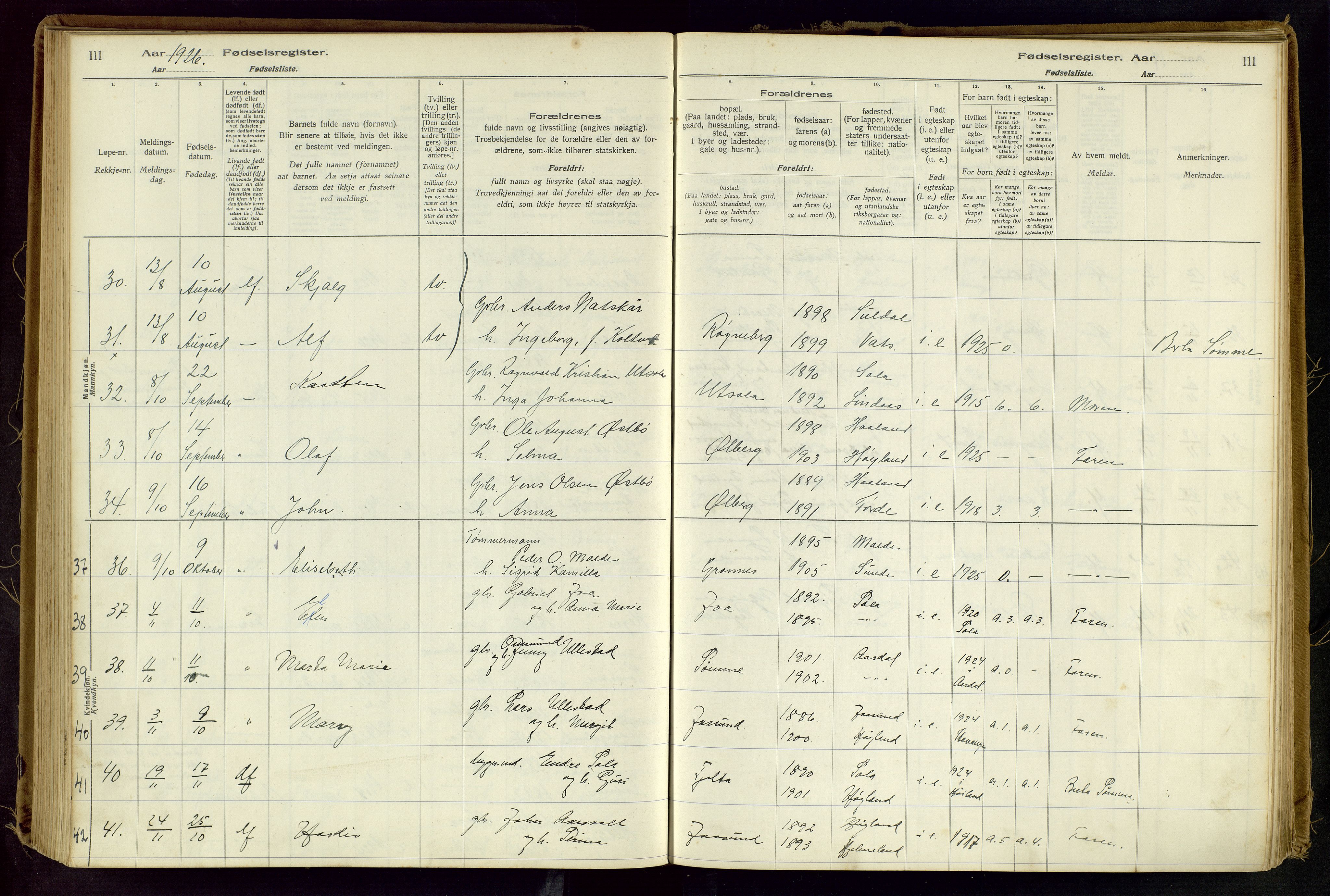 Håland sokneprestkontor, AV/SAST-A-101802/001/704BA/L0001: Fødselsregister nr. 1, 1916-1936, s. 111