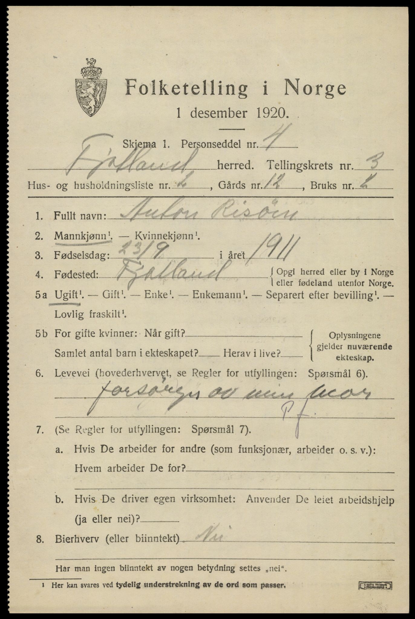 SAK, Folketelling 1920 for 1036 Fjotland herred, 1920, s. 948