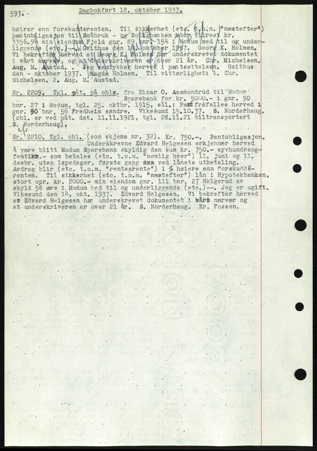Eiker, Modum og Sigdal sorenskriveri, SAKO/A-123/G/Ga/Gab/L0036: Pantebok nr. A6, 1937-1937, Dagboknr: 2209/1937
