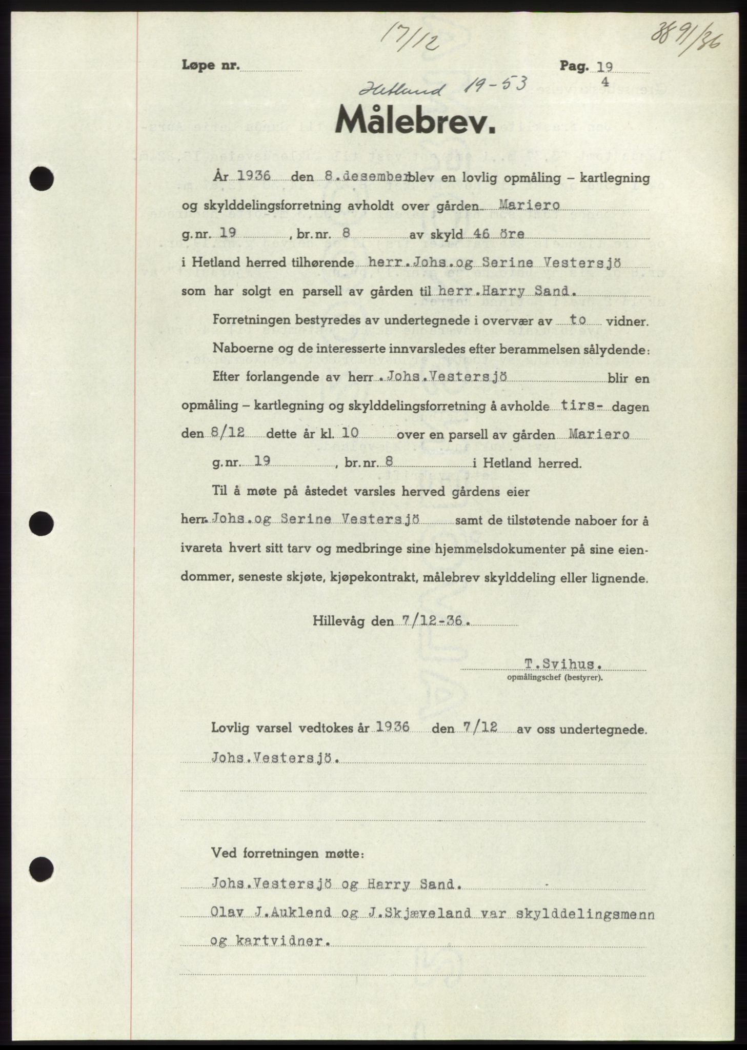 Jæren sorenskriveri, SAST/A-100310/03/G/Gba/L0067: Pantebok nr. 72-73, 1936-1937, Dagboknr: 3891/1936