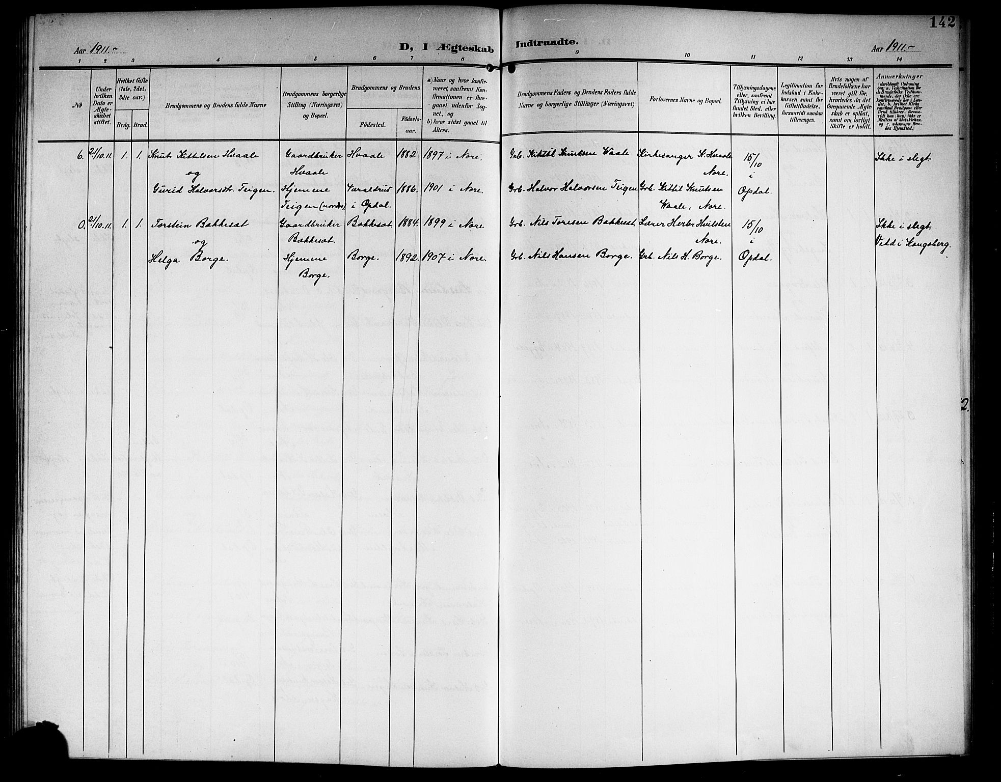 Nore kirkebøker, AV/SAKO-A-238/G/Ga/L0004: Klokkerbok nr. I 4, 1904-1919, s. 142