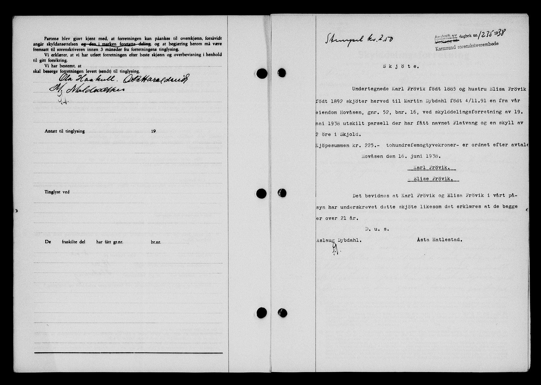 Karmsund sorenskriveri, SAST/A-100311/01/II/IIB/L0069: Pantebok nr. 50A, 1937-1938, Dagboknr: 1235/1938