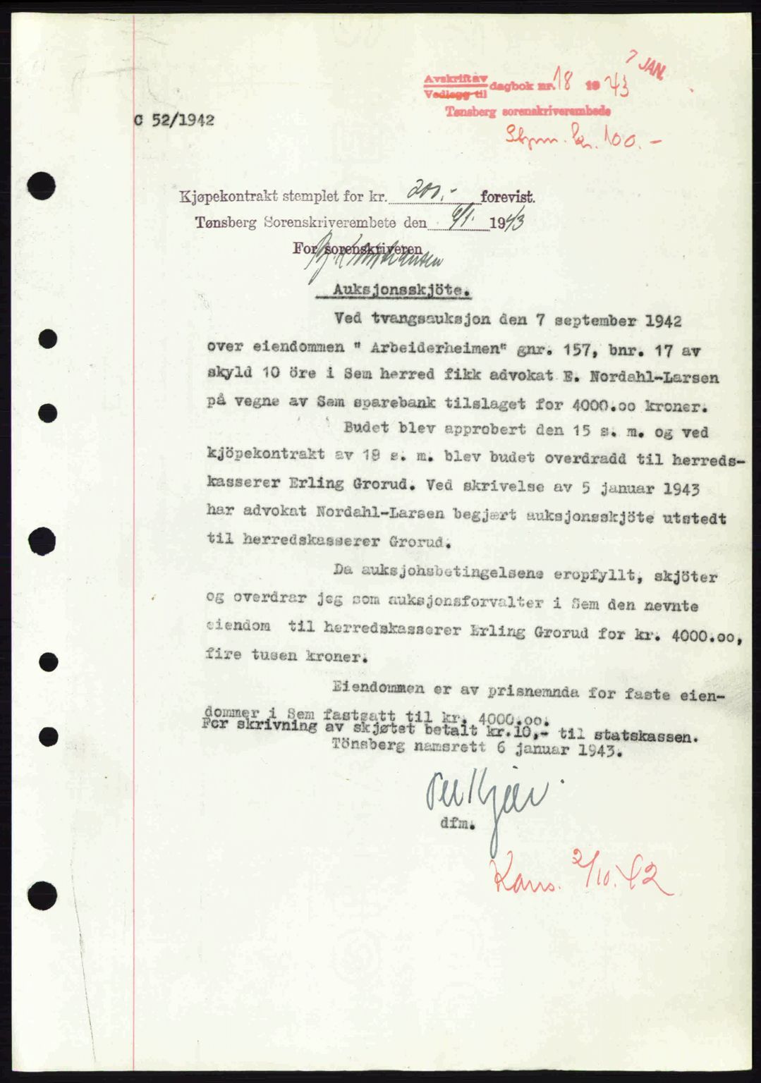 Jarlsberg sorenskriveri, SAKO/A-131/G/Ga/Gaa/L0013: Pantebok nr. A-13, 1942-1943, Dagboknr: 18/1943