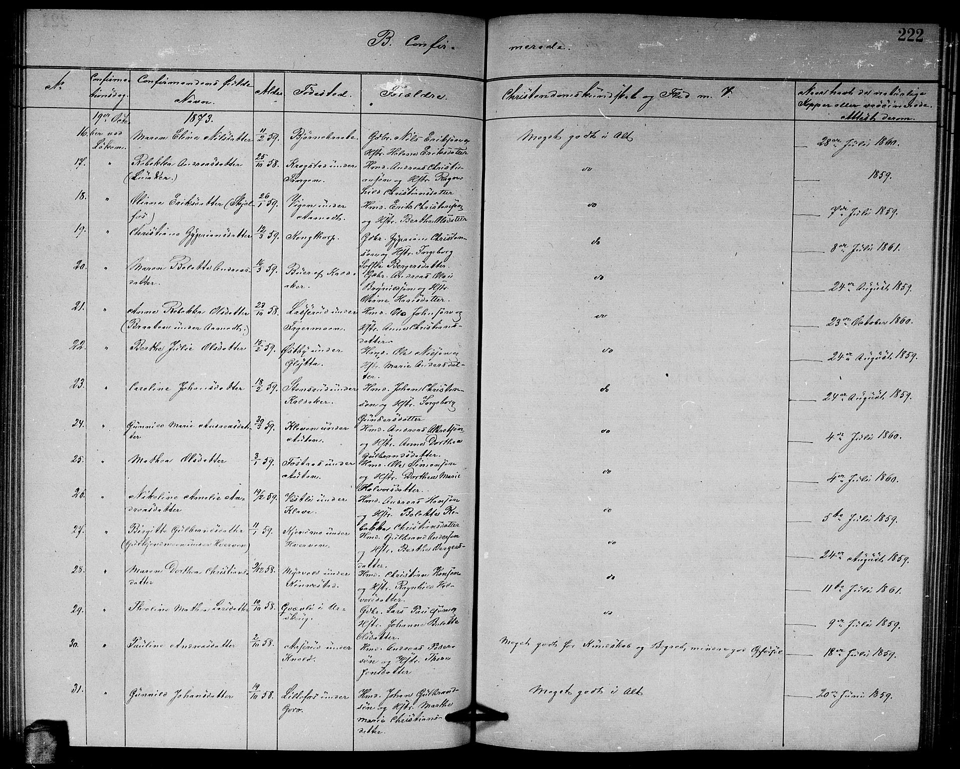 Høland prestekontor Kirkebøker, AV/SAO-A-10346a/G/Ga/L0006: Klokkerbok nr. I 6, 1869-1879, s. 222