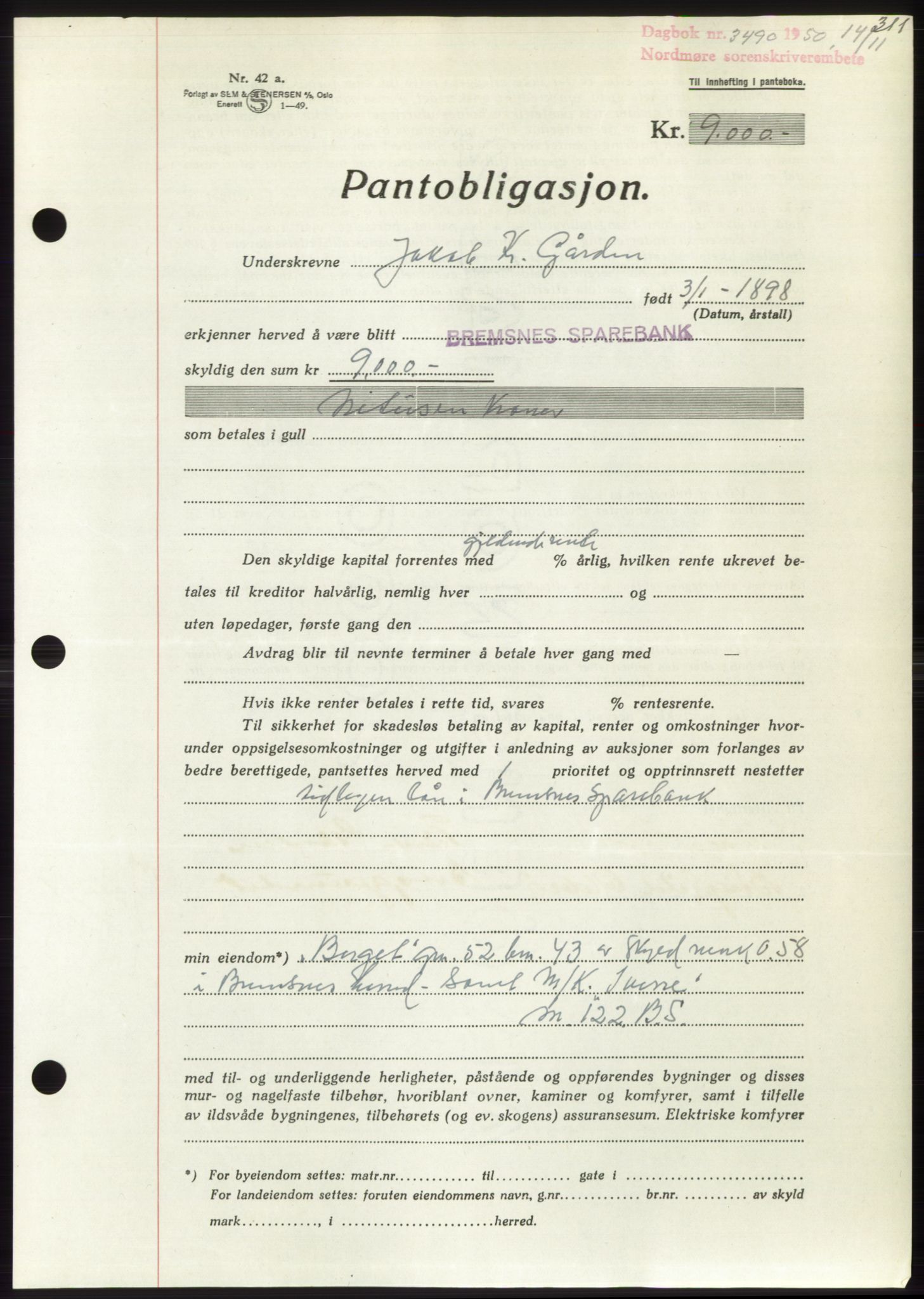 Nordmøre sorenskriveri, AV/SAT-A-4132/1/2/2Ca: Pantebok nr. B106, 1950-1950, Dagboknr: 3490/1950