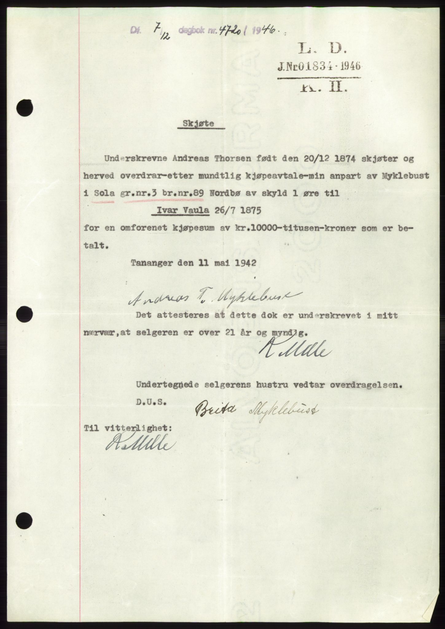Jæren sorenskriveri, SAST/A-100310/03/G/Gba/L0092: Pantebok, 1946-1946, Dagboknr: 4720/1946