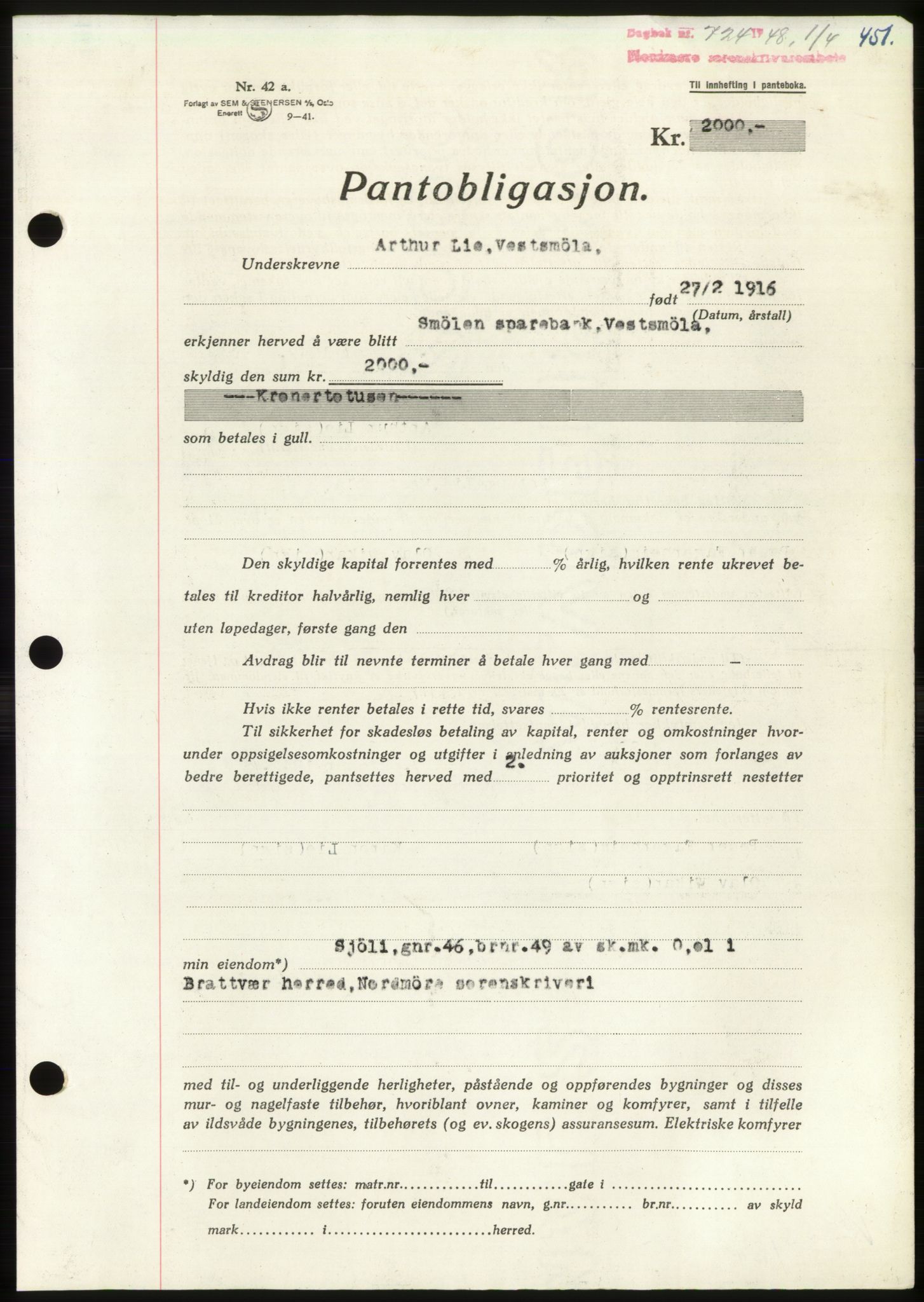 Nordmøre sorenskriveri, SAT/A-4132/1/2/2Ca: Pantebok nr. B98, 1948-1948, Dagboknr: 724/1948