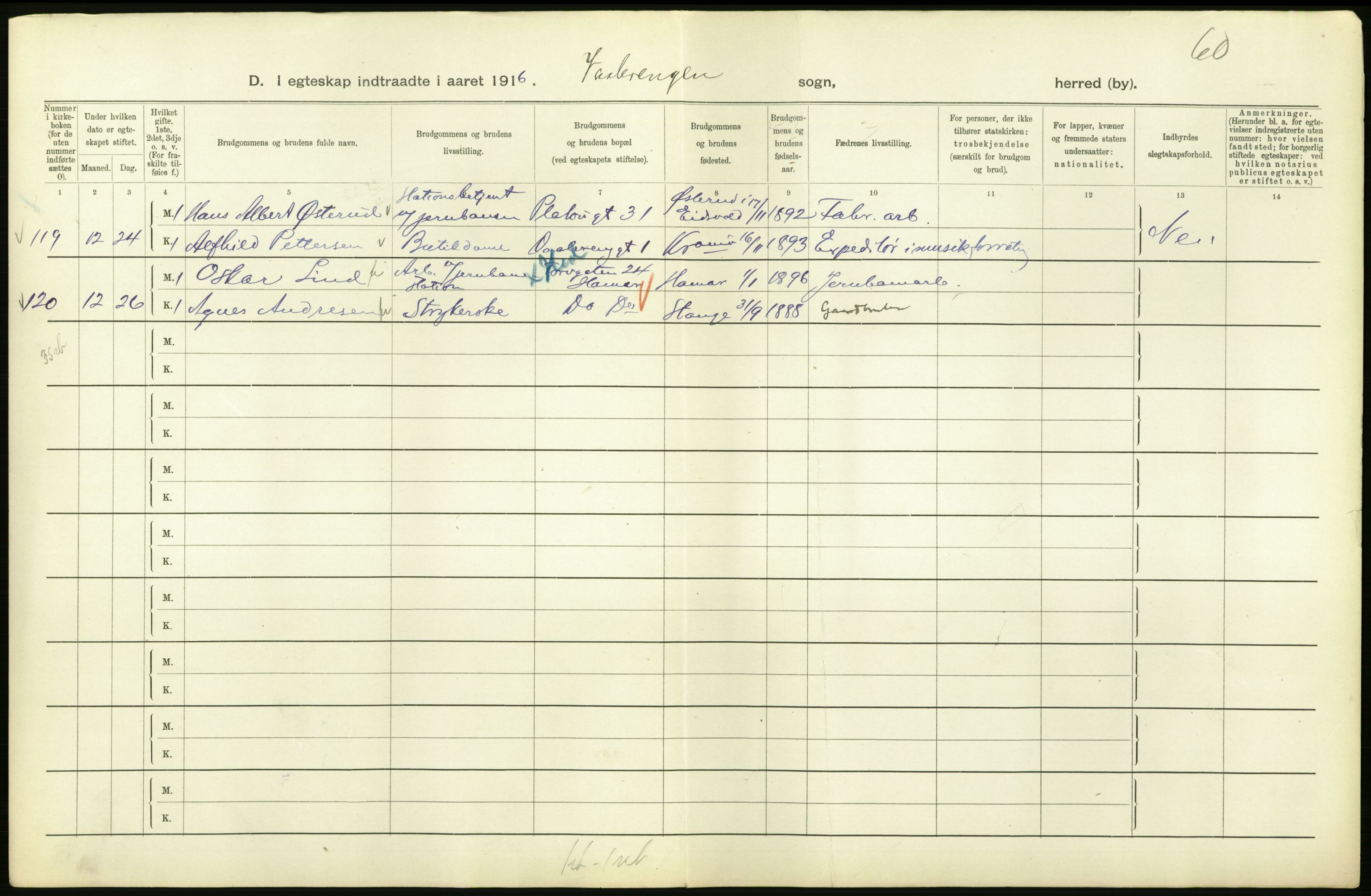 Statistisk sentralbyrå, Sosiodemografiske emner, Befolkning, RA/S-2228/D/Df/Dfb/Dfbf/L0008: Kristiania: Gifte, 1916, s. 822