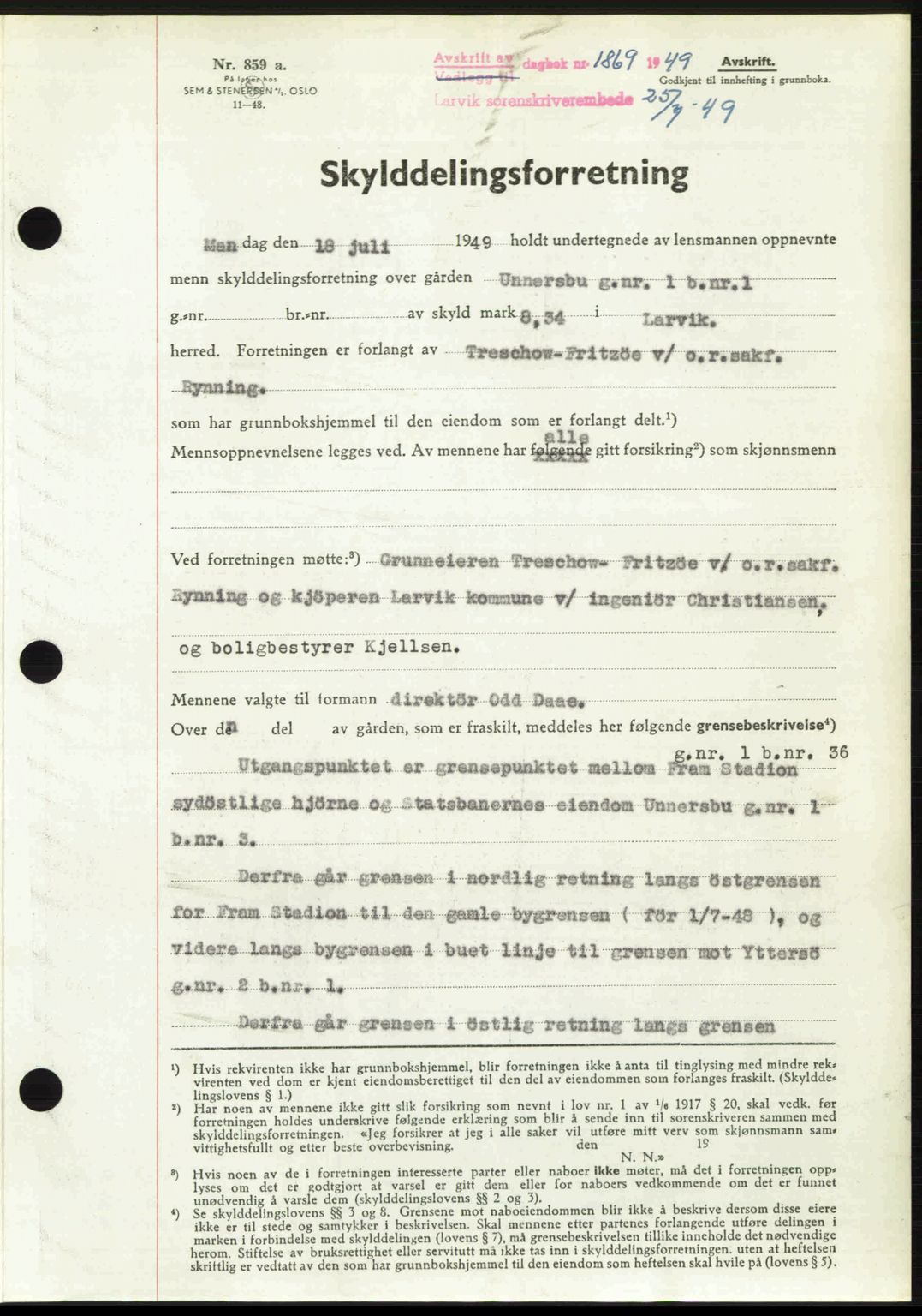 Larvik sorenskriveri, SAKO/A-83/G/Ga/Gab/L0089: Pantebok nr. A-23, 1949-1949, Dagboknr: 1869/1949
