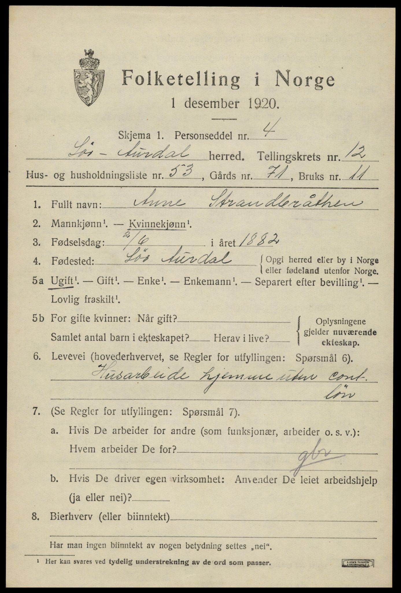 SAH, Folketelling 1920 for 0540 Sør-Aurdal herred, 1920, s. 7469