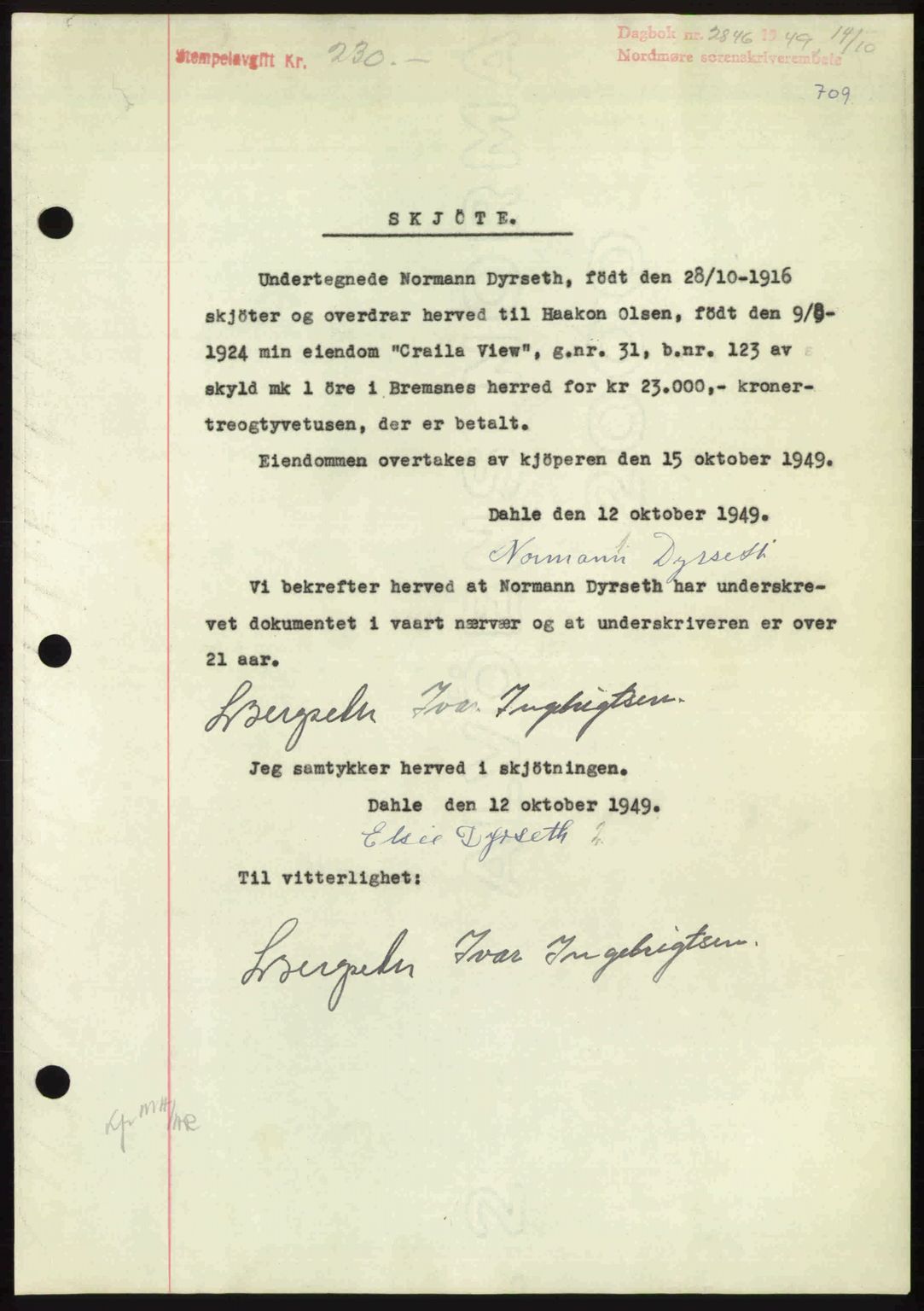 Nordmøre sorenskriveri, SAT/A-4132/1/2/2Ca: Pantebok nr. A112, 1949-1949, Dagboknr: 2846/1949