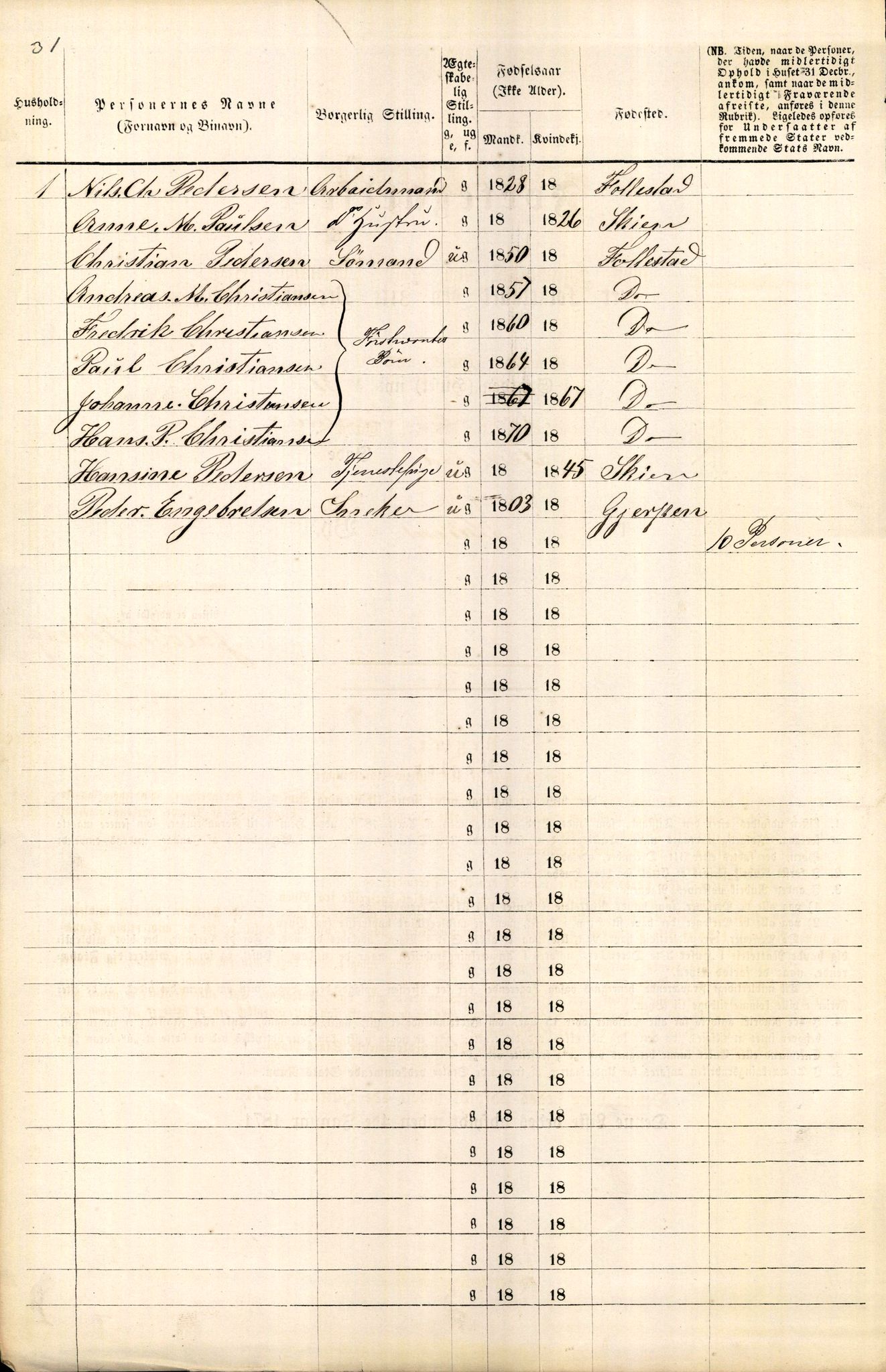 RA, Folketelling 1870 for 0806 Skien kjøpstad, 1870, s. 828