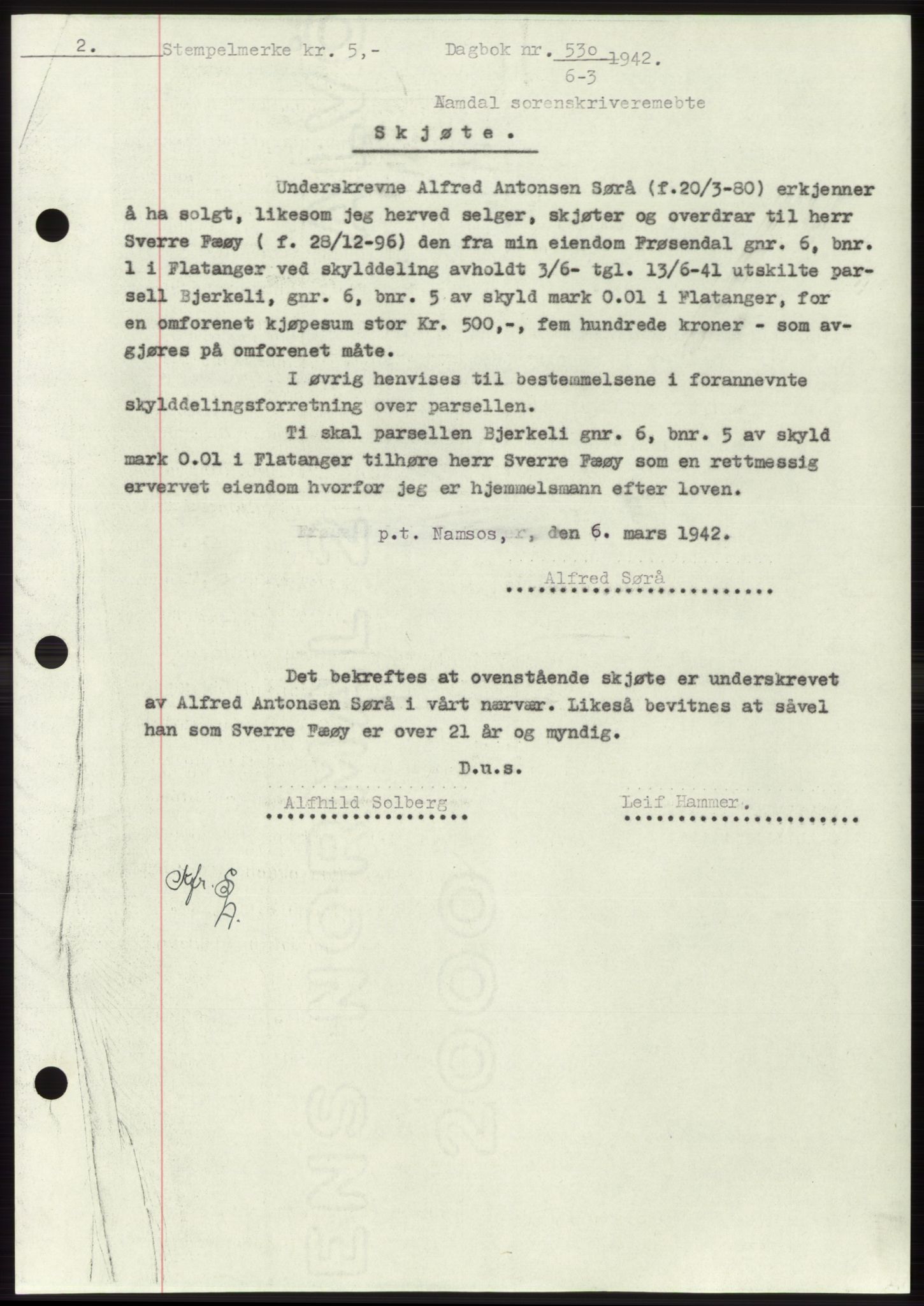 Namdal sorenskriveri, SAT/A-4133/1/2/2C: Pantebok nr. -, 1941-1942, Dagboknr: 530/1942