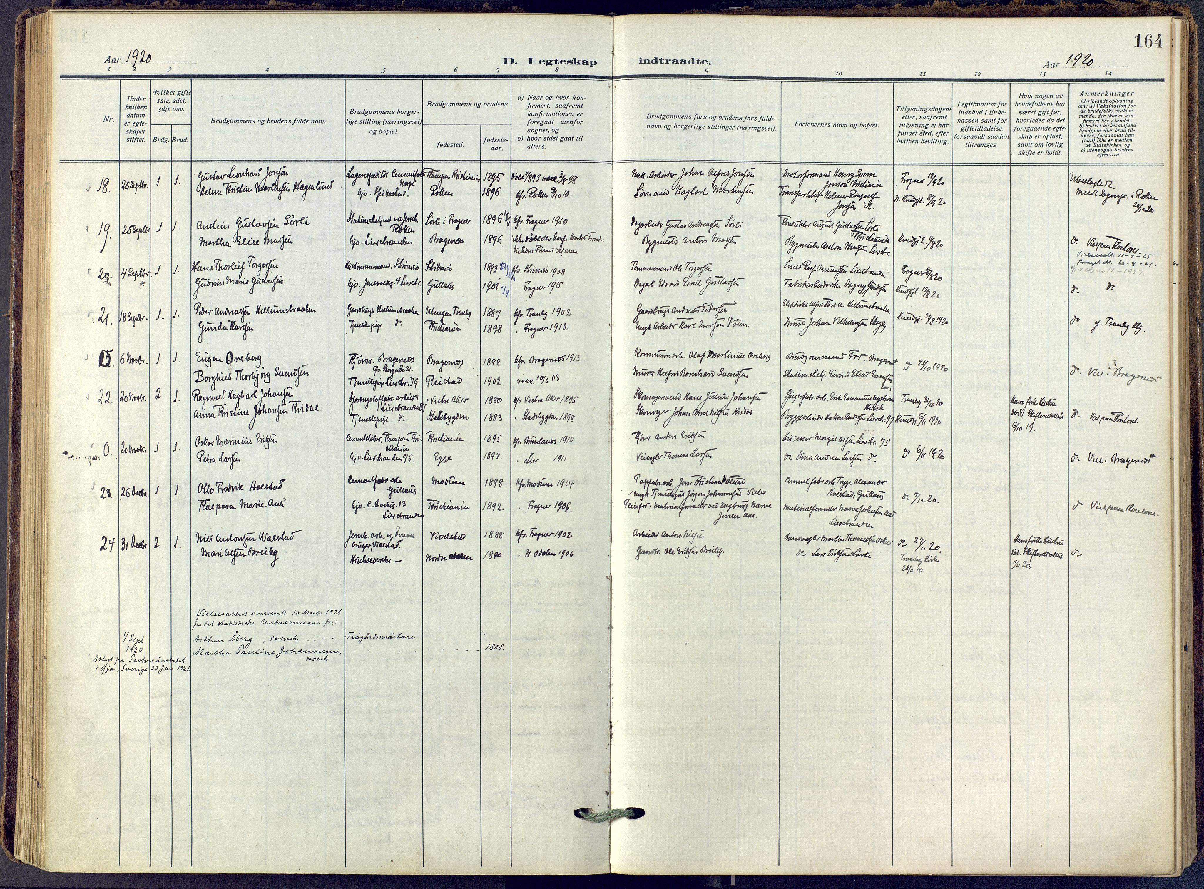 Lier kirkebøker, SAKO/A-230/F/Fa/L0019: Ministerialbok nr. I 19, 1918-1928, s. 164