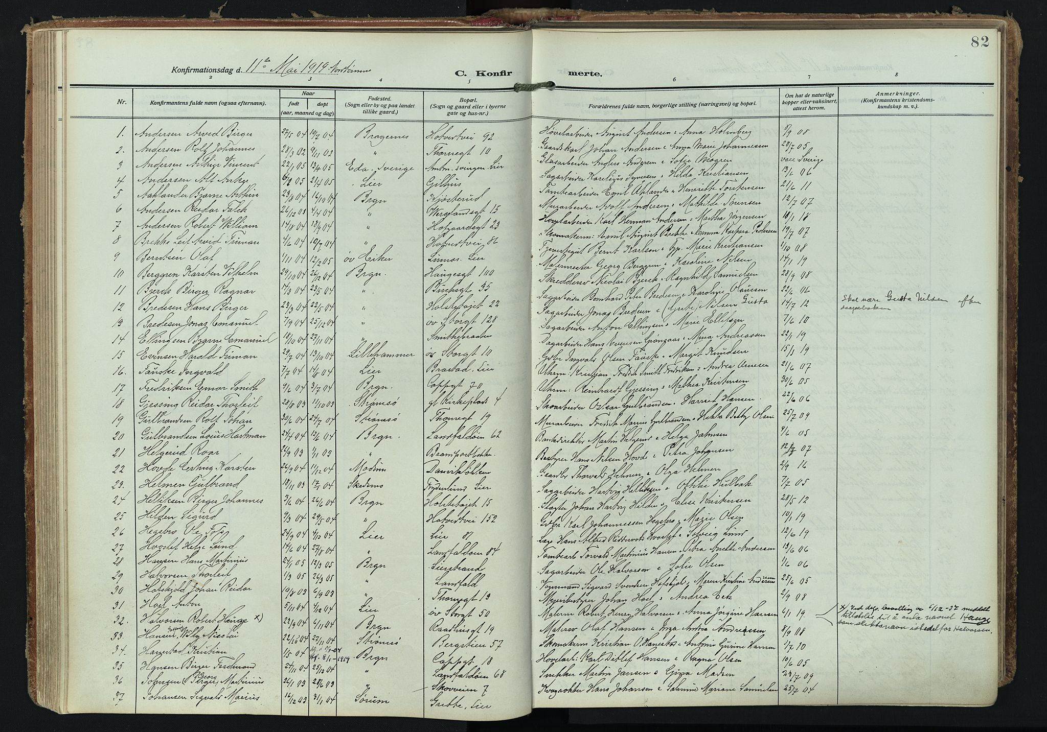Bragernes kirkebøker, AV/SAKO-A-6/F/Fc/L0008: Ministerialbok nr. III 8, 1909-1921, s. 82