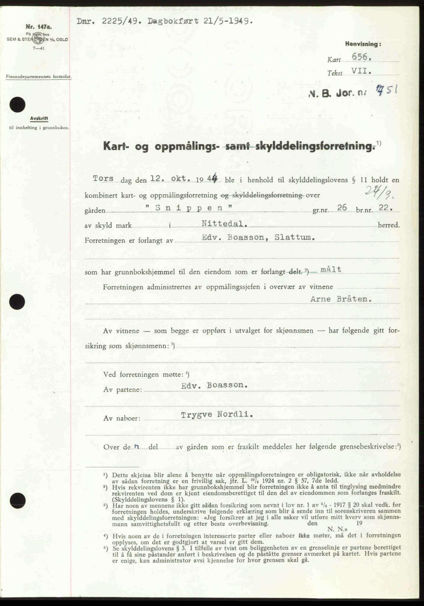 Nedre Romerike sorenskriveri, SAO/A-10469/G/Gb/Gbd/L0025: Pantebok nr. 25, 1949-1949, Dagboknr: 2225/1949