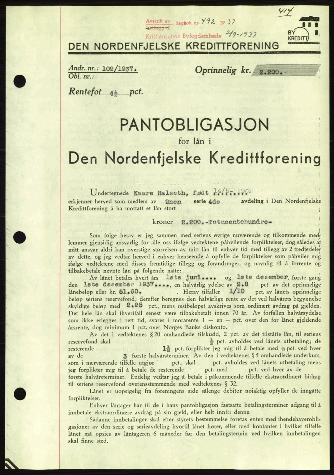 Kristiansund byfogd, SAT/A-4587/A/27: Pantebok nr. 29, 1936-1937, Dagboknr: 492/1937