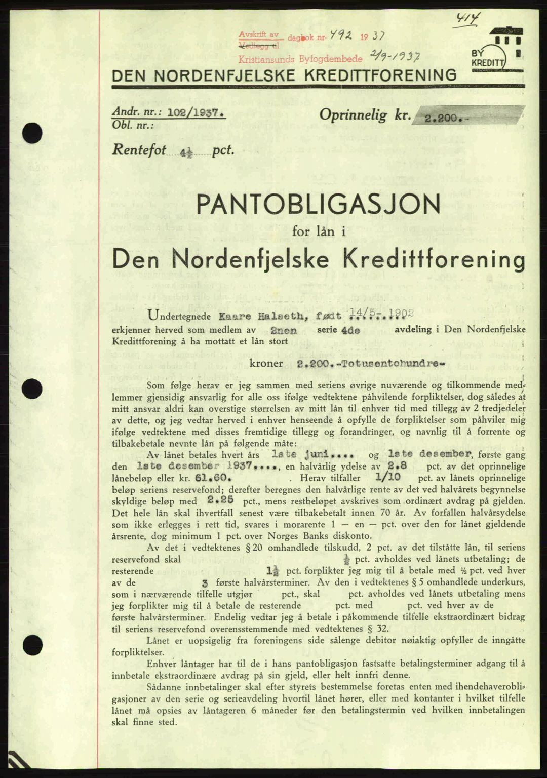 Kristiansund byfogd, AV/SAT-A-4587/A/27: Pantebok nr. 29, 1936-1937, Dagboknr: 492/1937