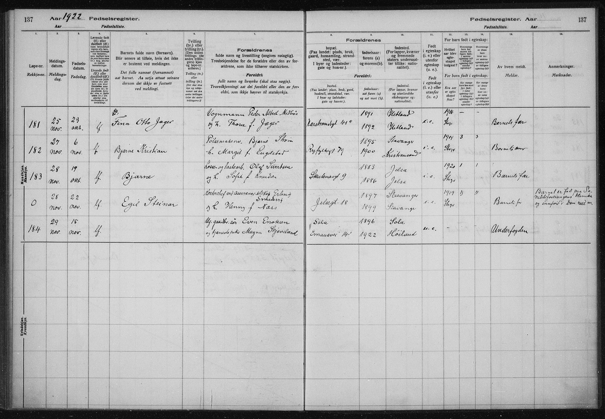 St. Johannes sokneprestkontor, AV/SAST-A-101814/002/A/L0002: Fødselsregister nr. 2, 1919-1924, s. 137