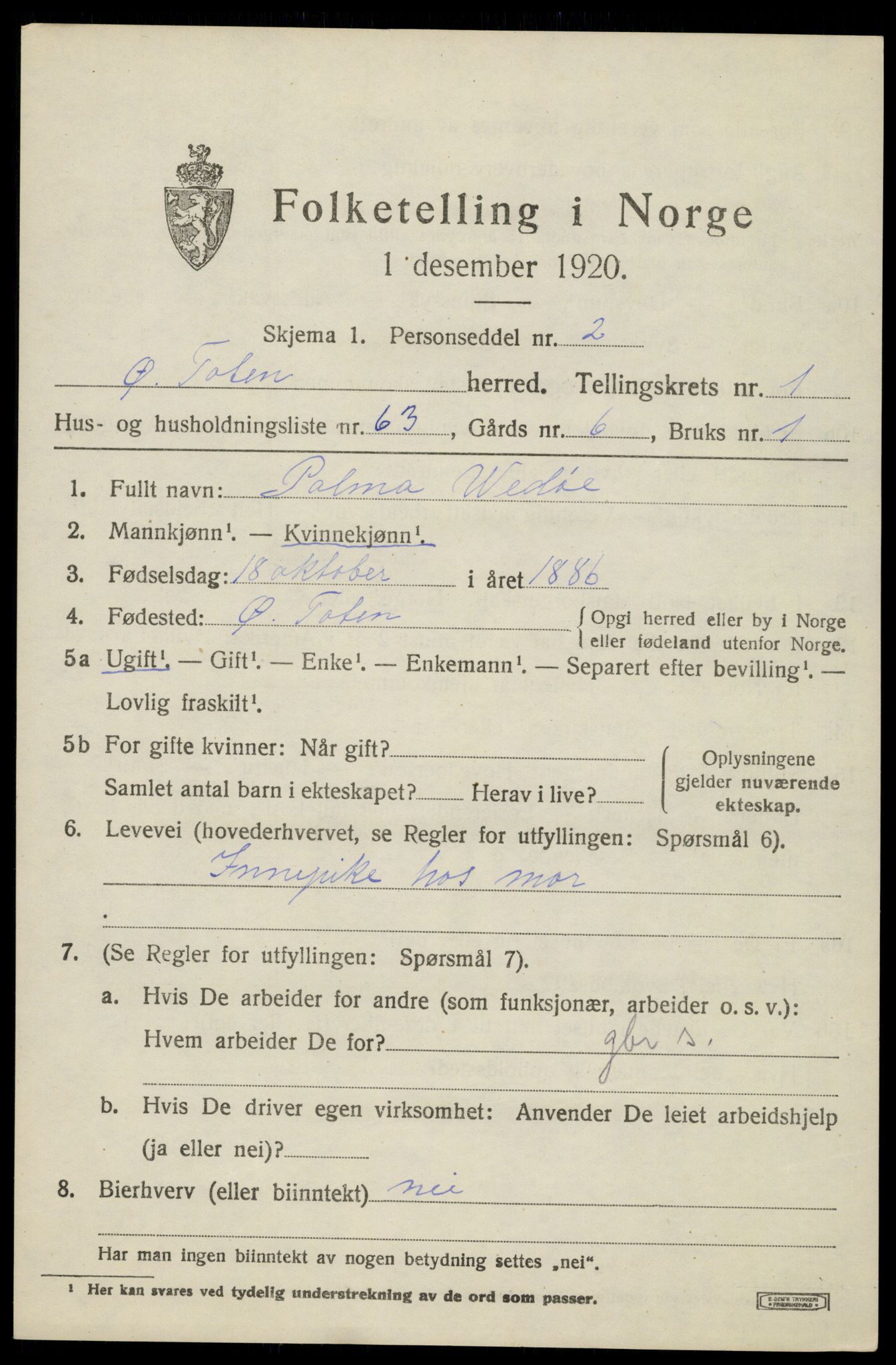 SAH, Folketelling 1920 for 0528 Østre Toten herred, 1920, s. 4160