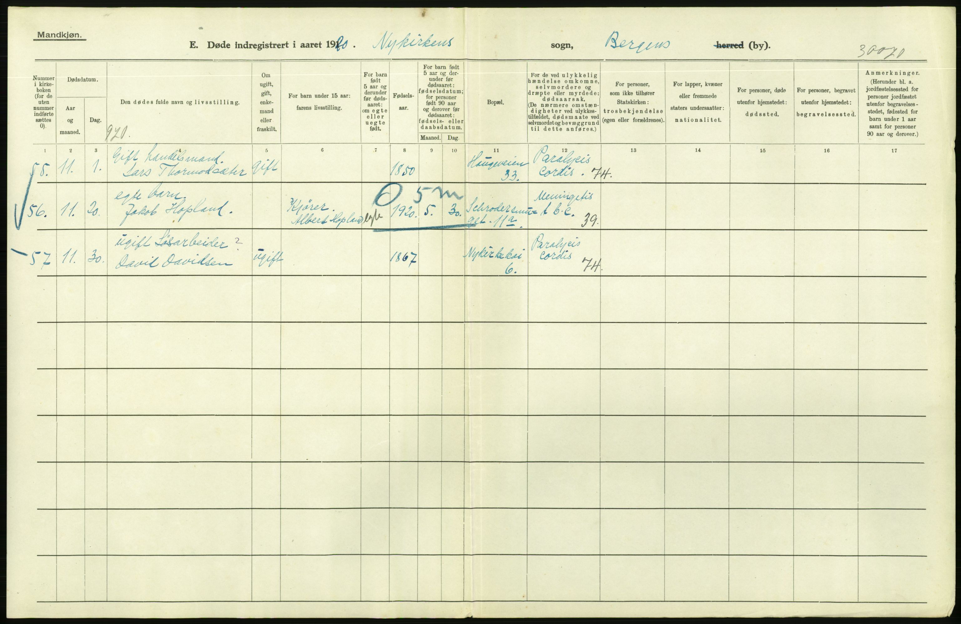 Statistisk sentralbyrå, Sosiodemografiske emner, Befolkning, AV/RA-S-2228/D/Df/Dfb/Dfbj/L0042: Bergen: Gifte, døde, dødfødte., 1920, s. 522