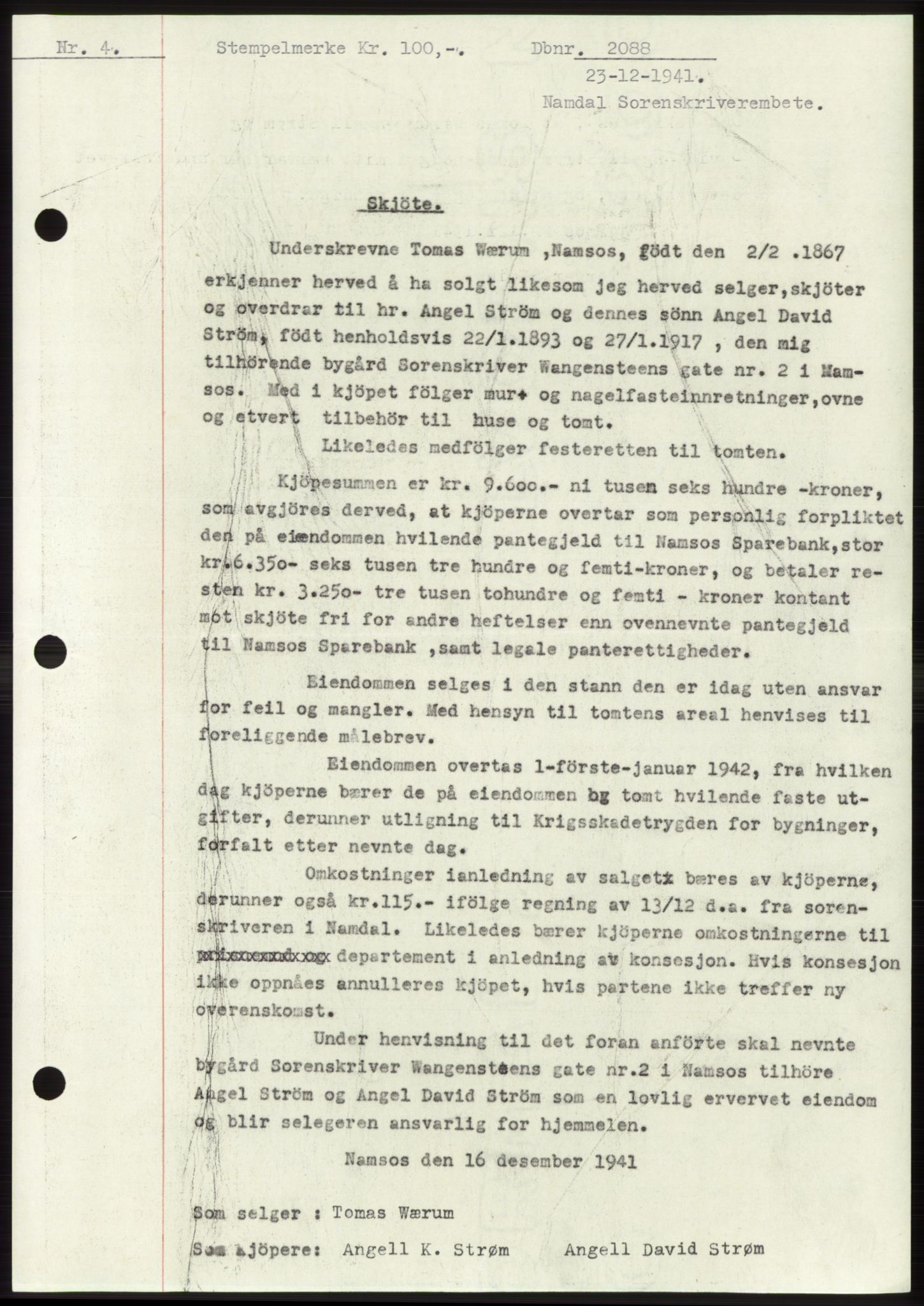 Namdal sorenskriveri, SAT/A-4133/1/2/2C: Pantebok nr. -, 1941-1942, Dagboknr: 2088/1941