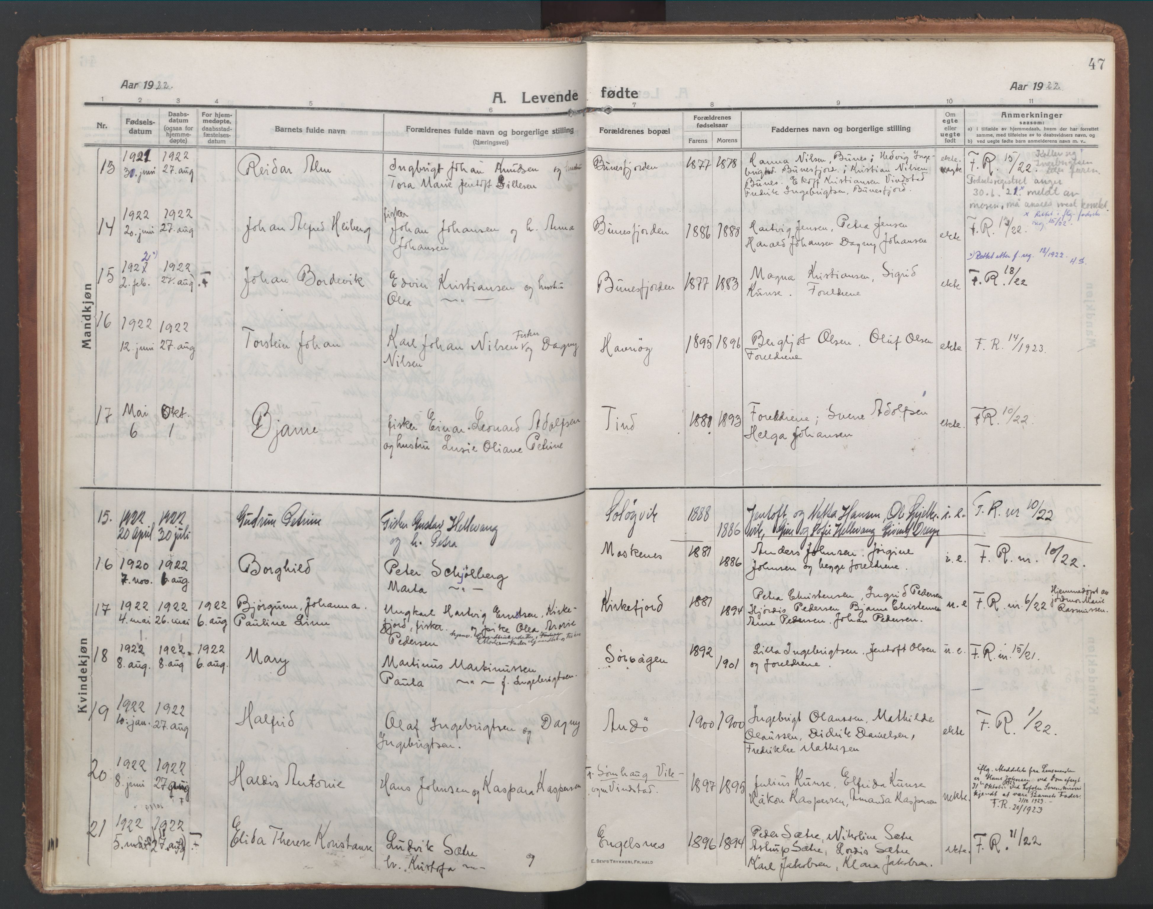 Ministerialprotokoller, klokkerbøker og fødselsregistre - Nordland, AV/SAT-A-1459/886/L1222: Ministerialbok nr. 886A04, 1914-1926, s. 47