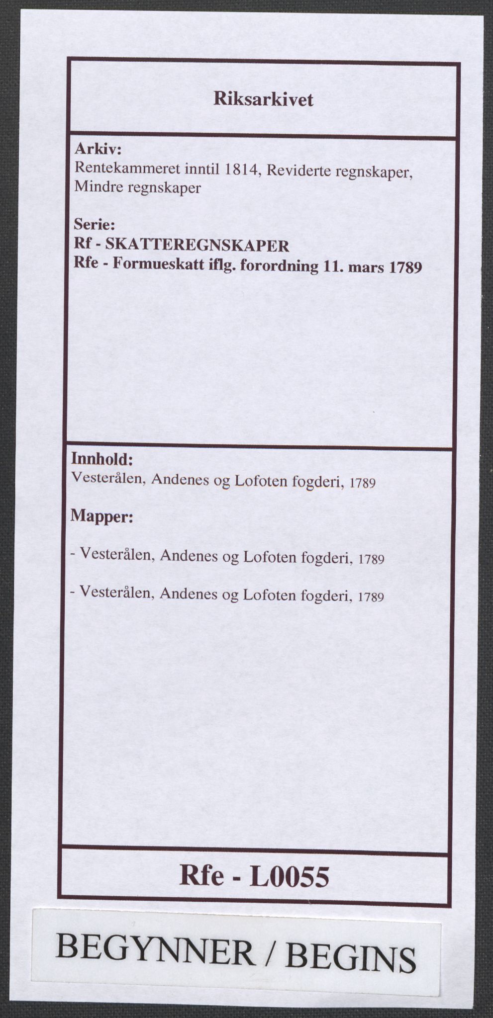 Rentekammeret inntil 1814, Reviderte regnskaper, Mindre regnskaper, AV/RA-EA-4068/Rf/Rfe/L0055: Vesterålen, Andenes og Lofoten fogderi, 1789, s. 1