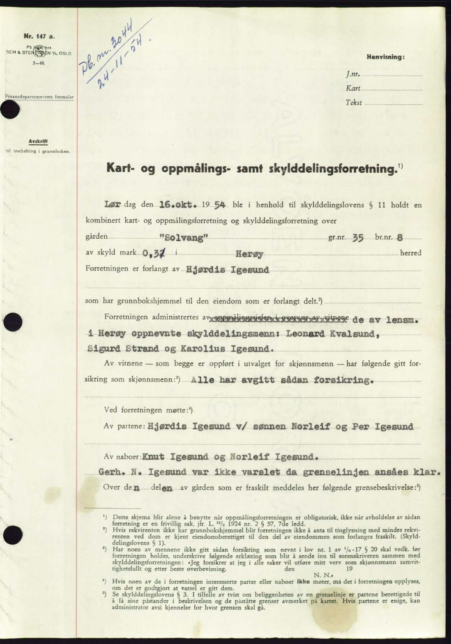 Søre Sunnmøre sorenskriveri, AV/SAT-A-4122/1/2/2C/L0099: Pantebok nr. 25A, 1954-1954, Dagboknr: 3044/1954