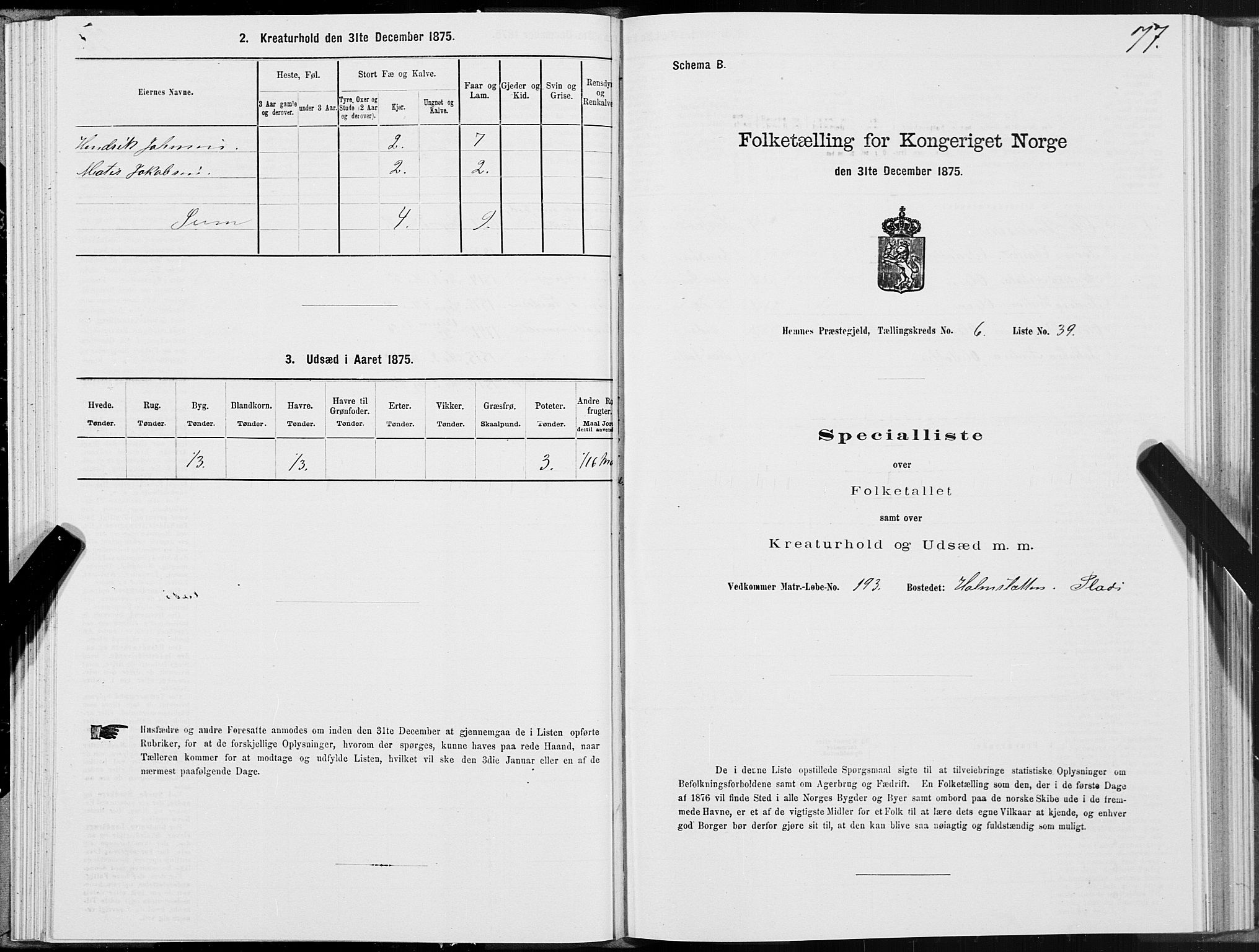 SAT, Folketelling 1875 for 1832P Hemnes prestegjeld, 1875, s. 4077