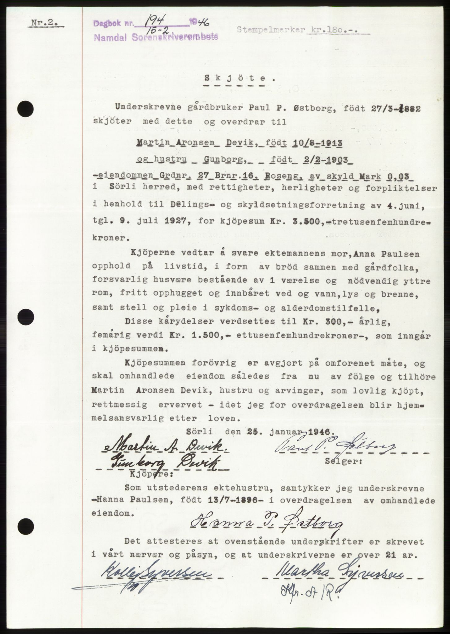 Namdal sorenskriveri, SAT/A-4133/1/2/2C: Pantebok nr. -, 1946-1946, Dagboknr: 194/1946