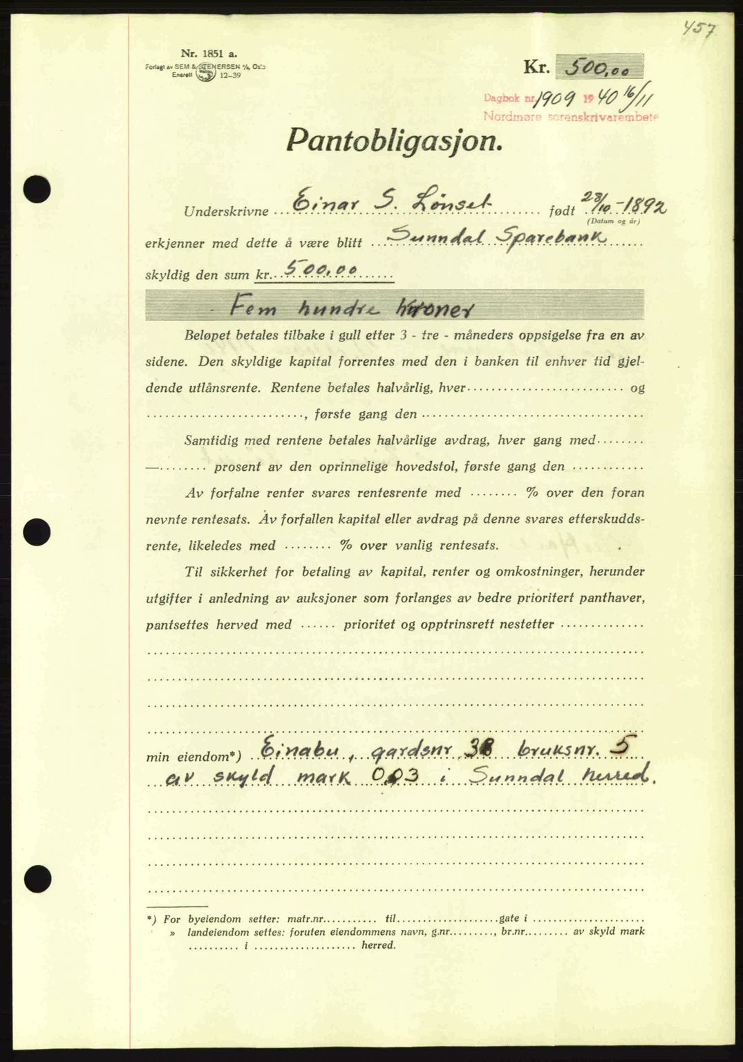 Nordmøre sorenskriveri, AV/SAT-A-4132/1/2/2Ca: Pantebok nr. B87, 1940-1941, Dagboknr: 1909/1940