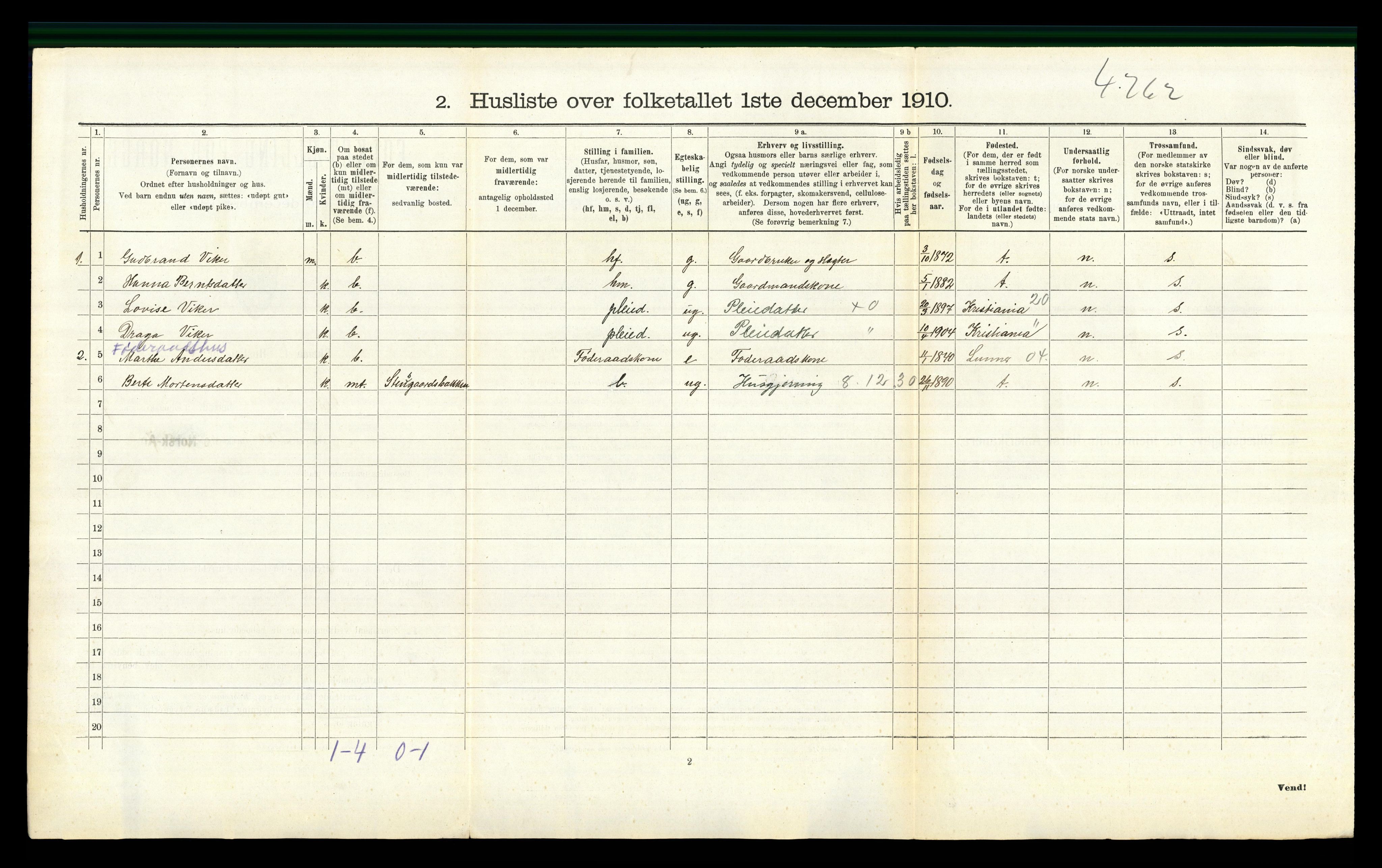 RA, Folketelling 1910 for 0534 Gran herred, 1910, s. 1274