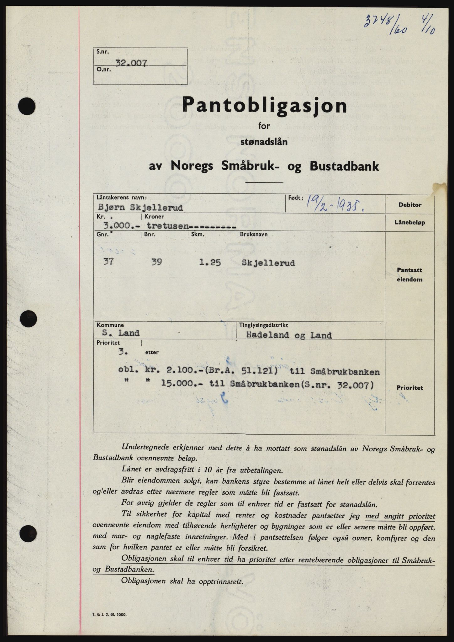 Hadeland og Land tingrett, SAH/TING-010/H/Hb/Hbc/L0044: Pantebok nr. B44, 1960-1961, Dagboknr: 3748/1960