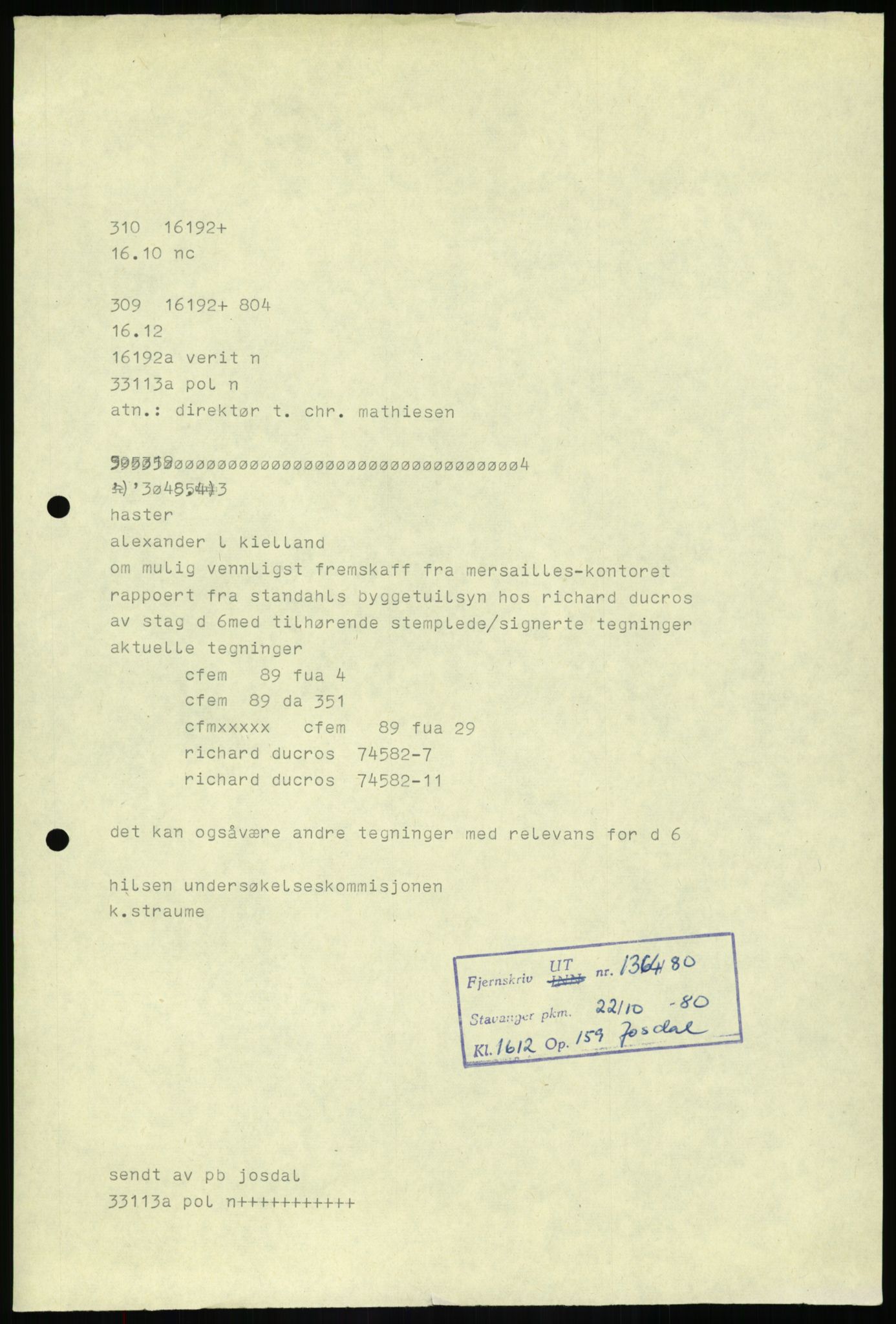 Justisdepartementet, Granskningskommisjonen ved Alexander Kielland-ulykken 27.3.1980, AV/RA-S-1165/D/L0003: 0001 NOU 1981:11 Alexander Kielland ulykken/0002 Korrespondanse/0003: Alexander L. Kielland: Operating manual, 1980-1981, s. 415