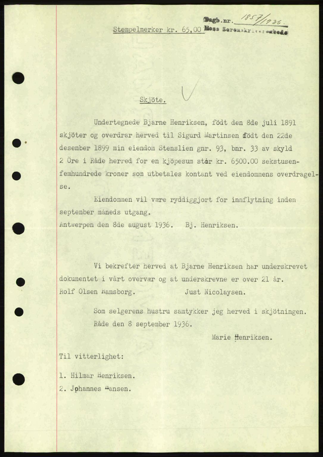 Moss sorenskriveri, SAO/A-10168: Pantebok nr. A1, 1936-1936, Dagboknr: 1857/1936