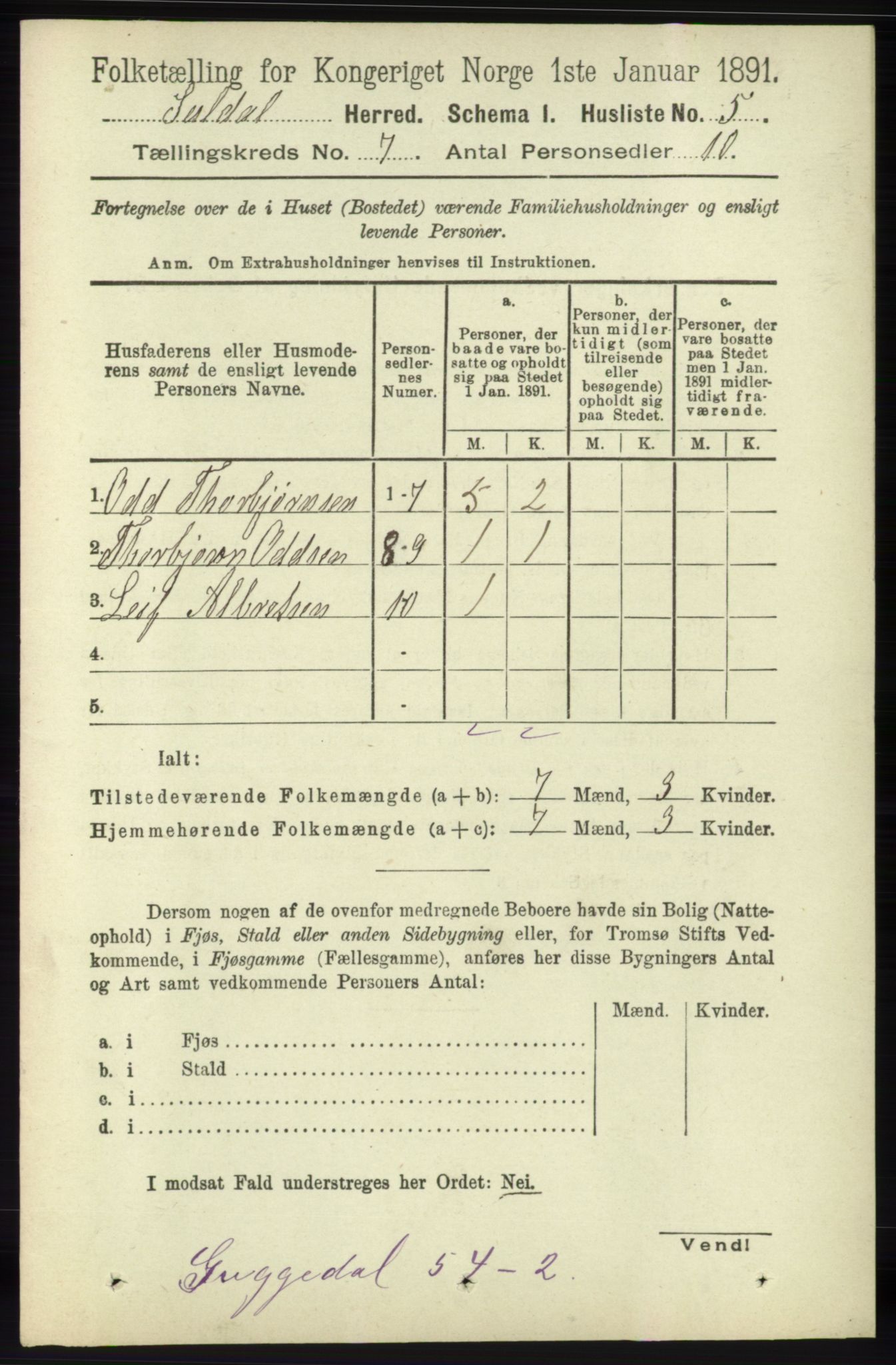 RA, Folketelling 1891 for 1134 Suldal herred, 1891, s. 1943