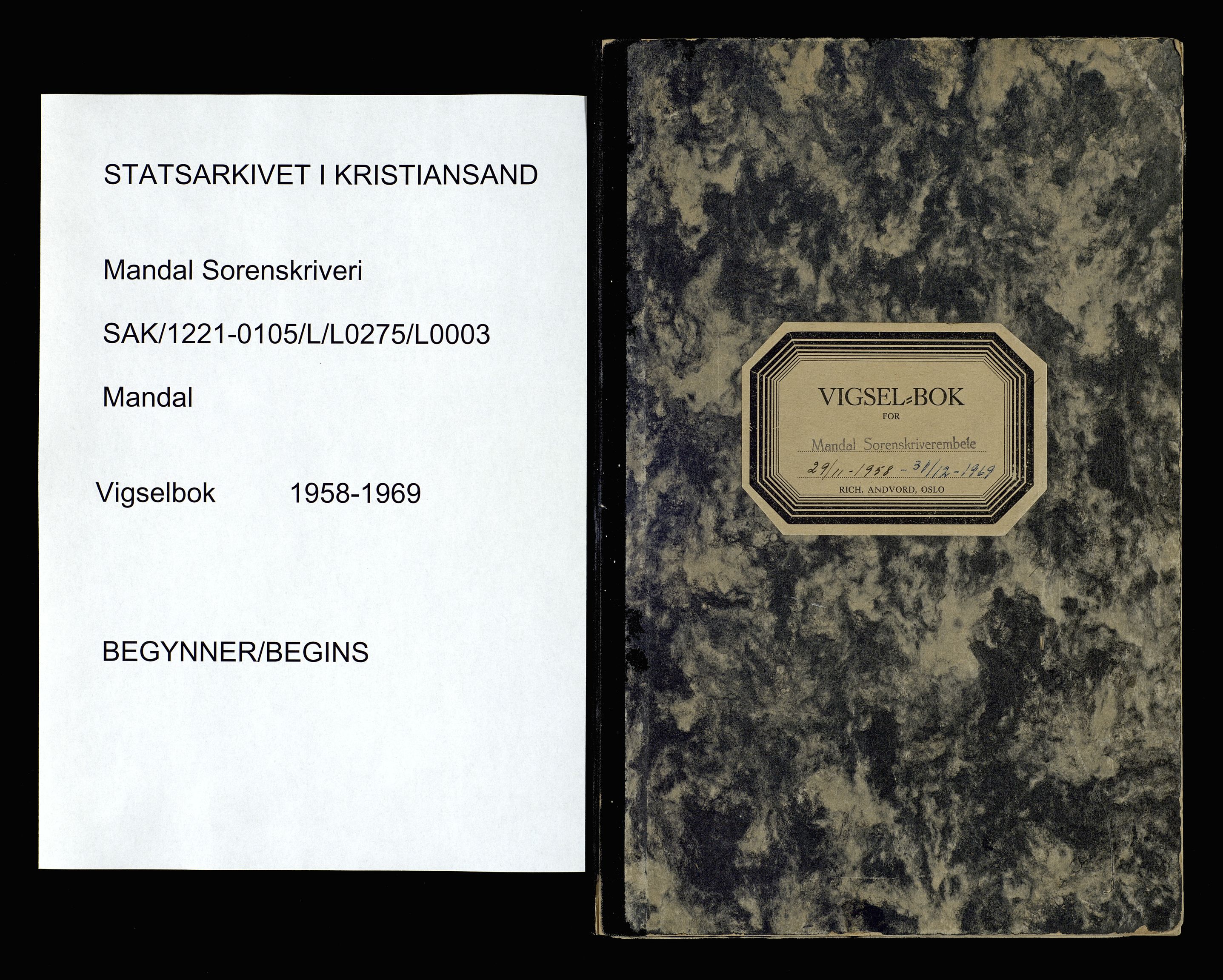 Mandal sorenskriveri, SAK/1221-0005/002/L/L0275/0003: Lysingsbok Vigselbøker / Vigselbok, 1958-1969
