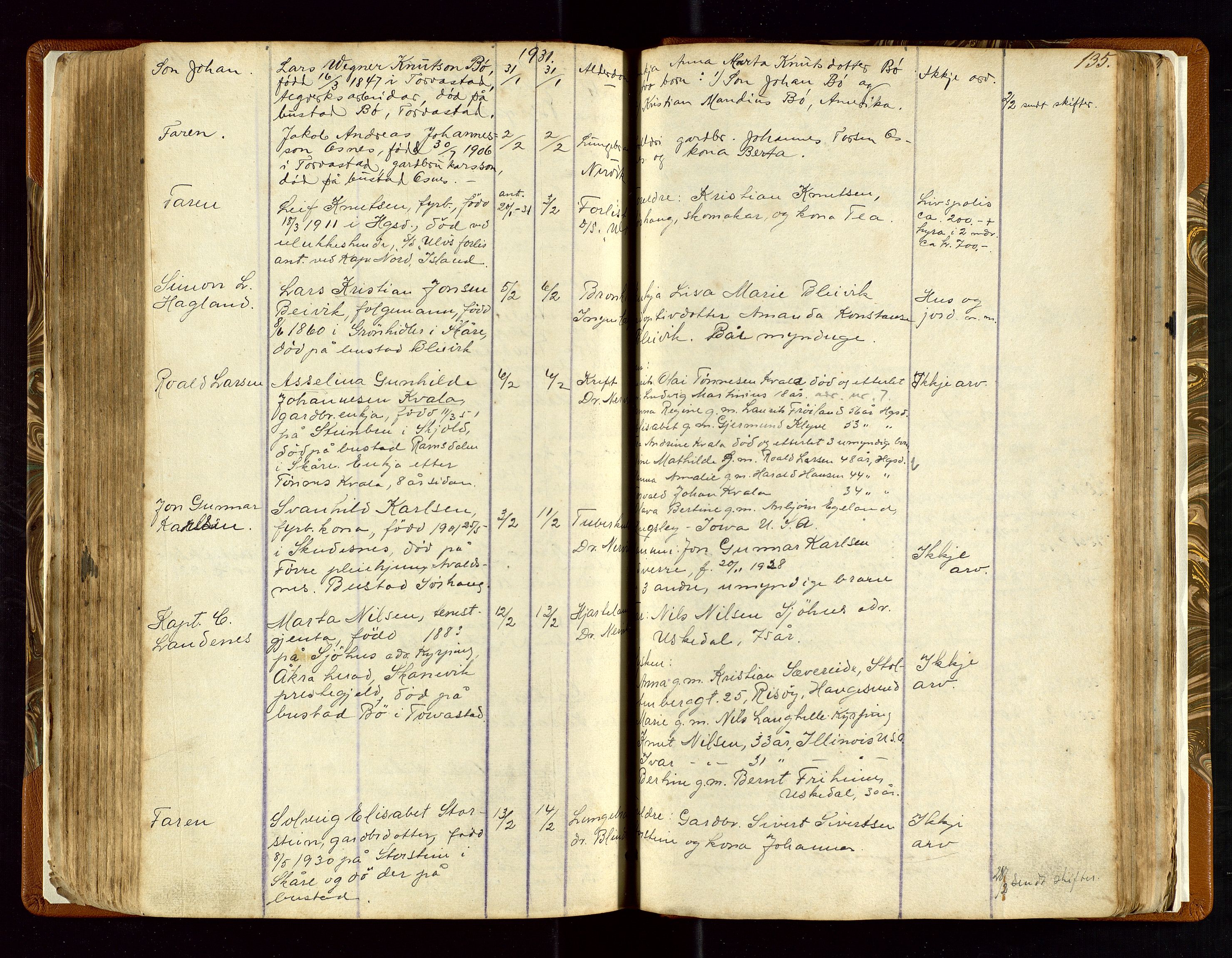 Torvestad lensmannskontor, AV/SAST-A-100307/1/Gga/L0001: "Protocol over Straffanger i Torvestads Thinglaugs Lensmandsarrest", 1883-1931, s. 135